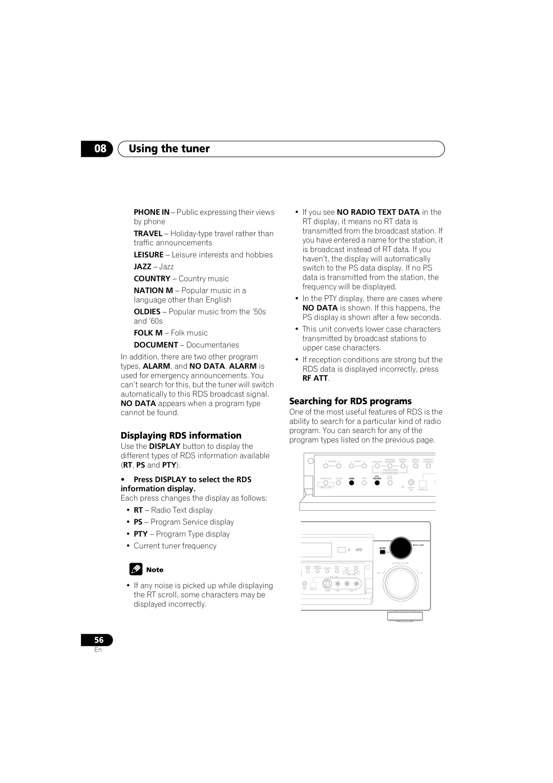 Pioneer VSX-D912, VSX-D812 Searching for RDS programs, Displaying RDS information, Types, Alarm , and no Data . Alarm is 