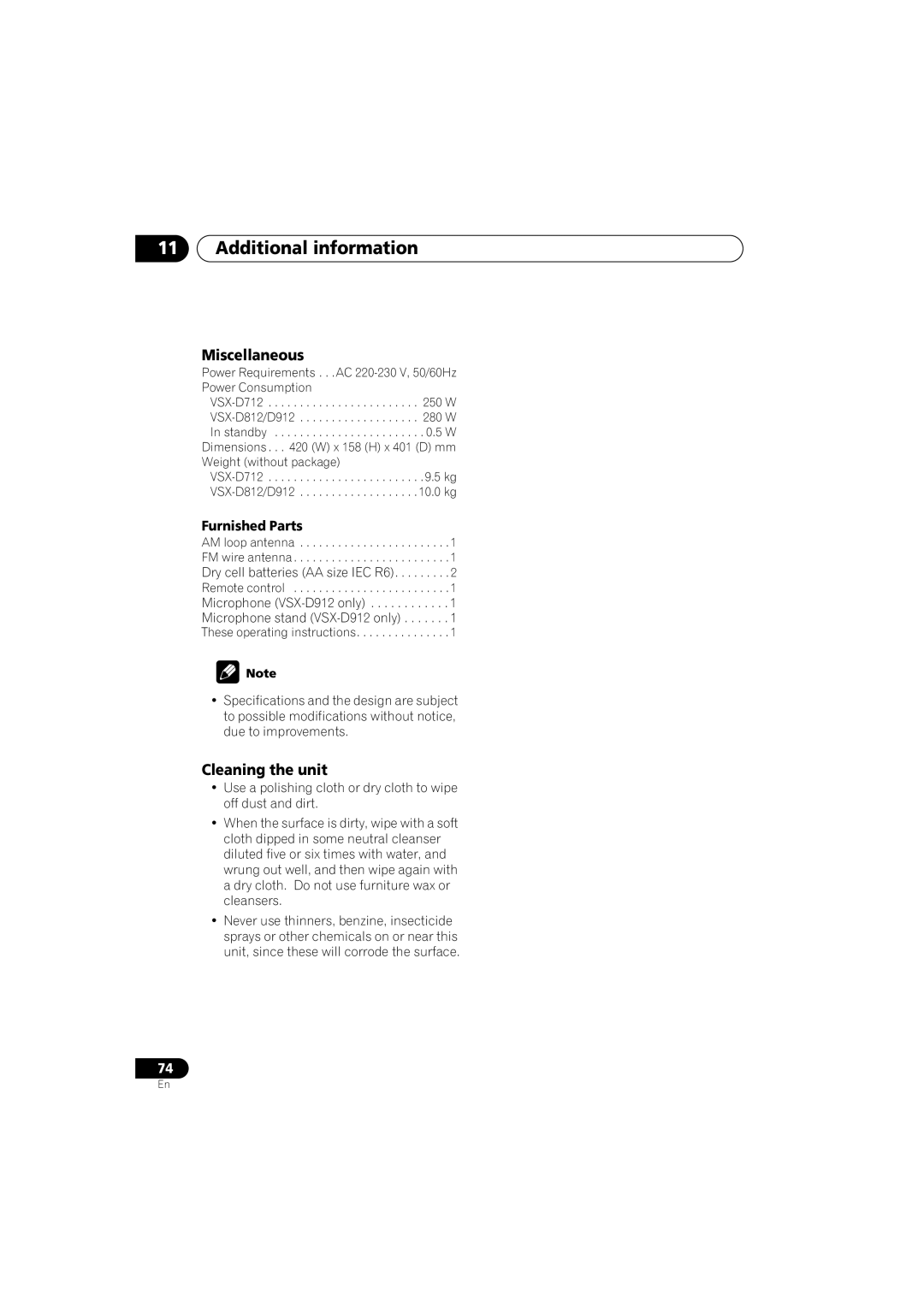 Pioneer VSX-D912, VSX-D812 operating instructions Miscellaneous, Cleaning the unit, Furnished Parts 