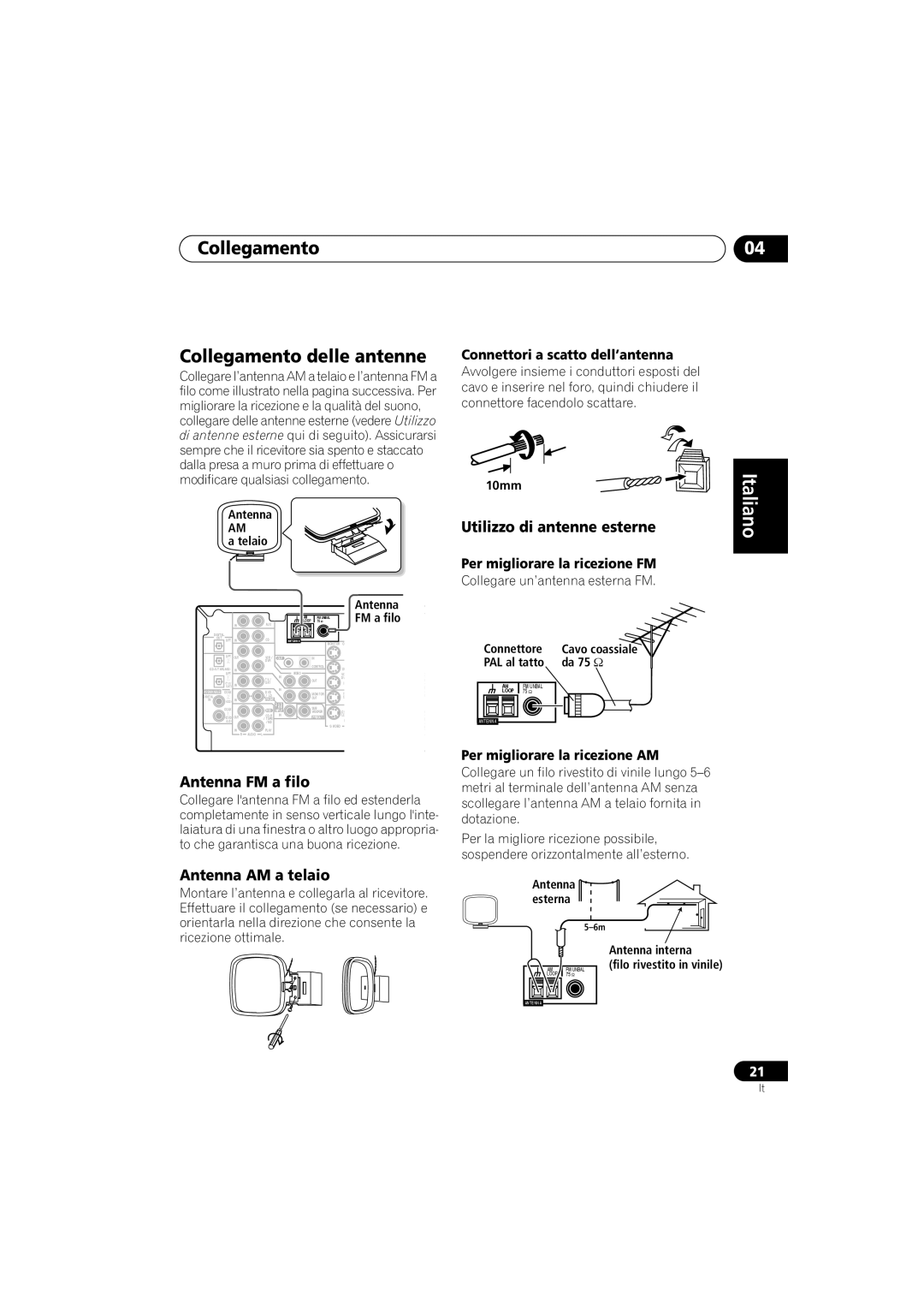 Pioneer VSX-D812, VSX-D912 Collegamento Collegamento delle antenne, Italiano, Antenna FM a filo, Antenna AM a telaio 