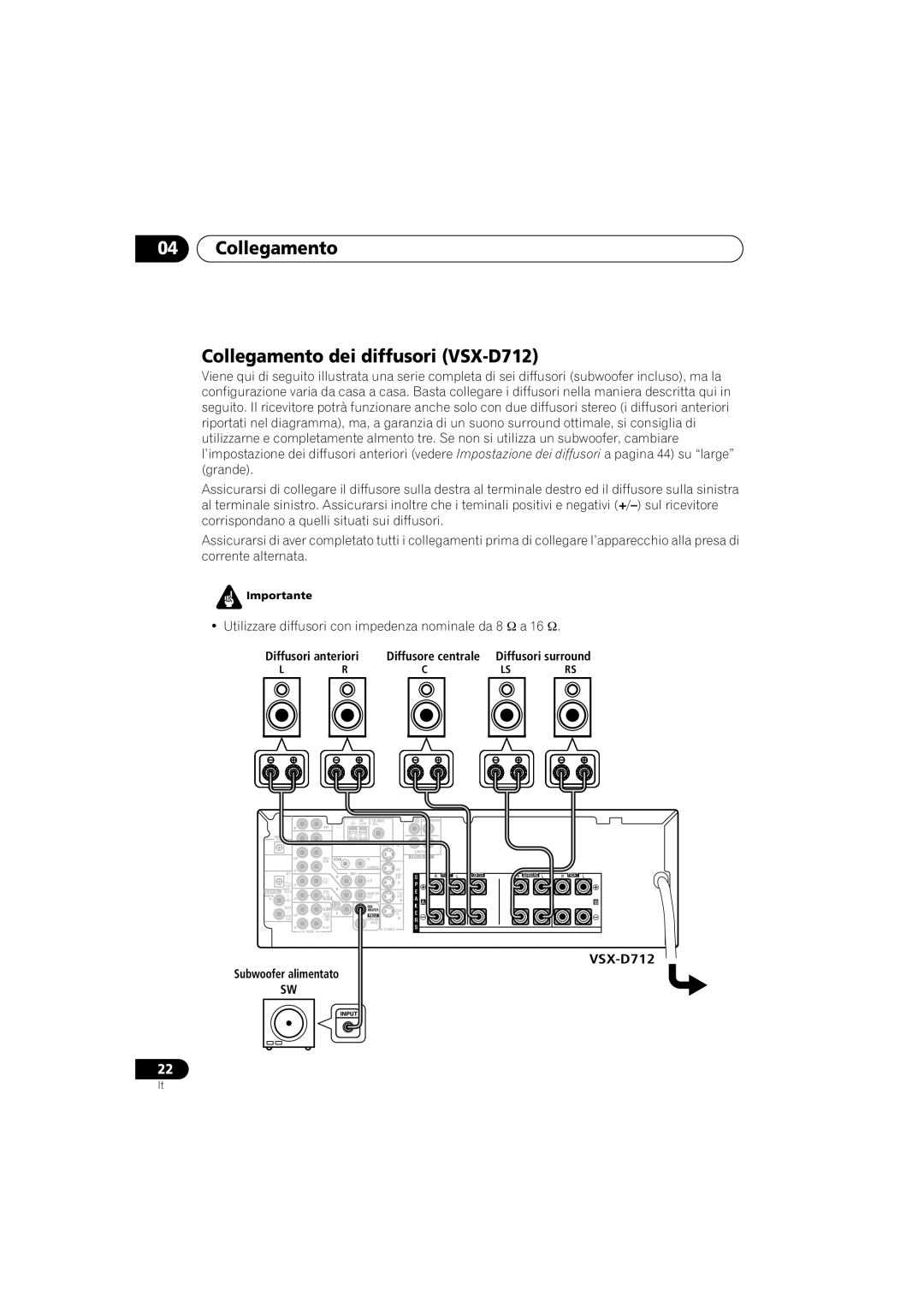 Pioneer VSX-D912, VSX-D812 operating instructions Collegamento Collegamento dei diffusori VSX-D712, Diffusori anteriori 