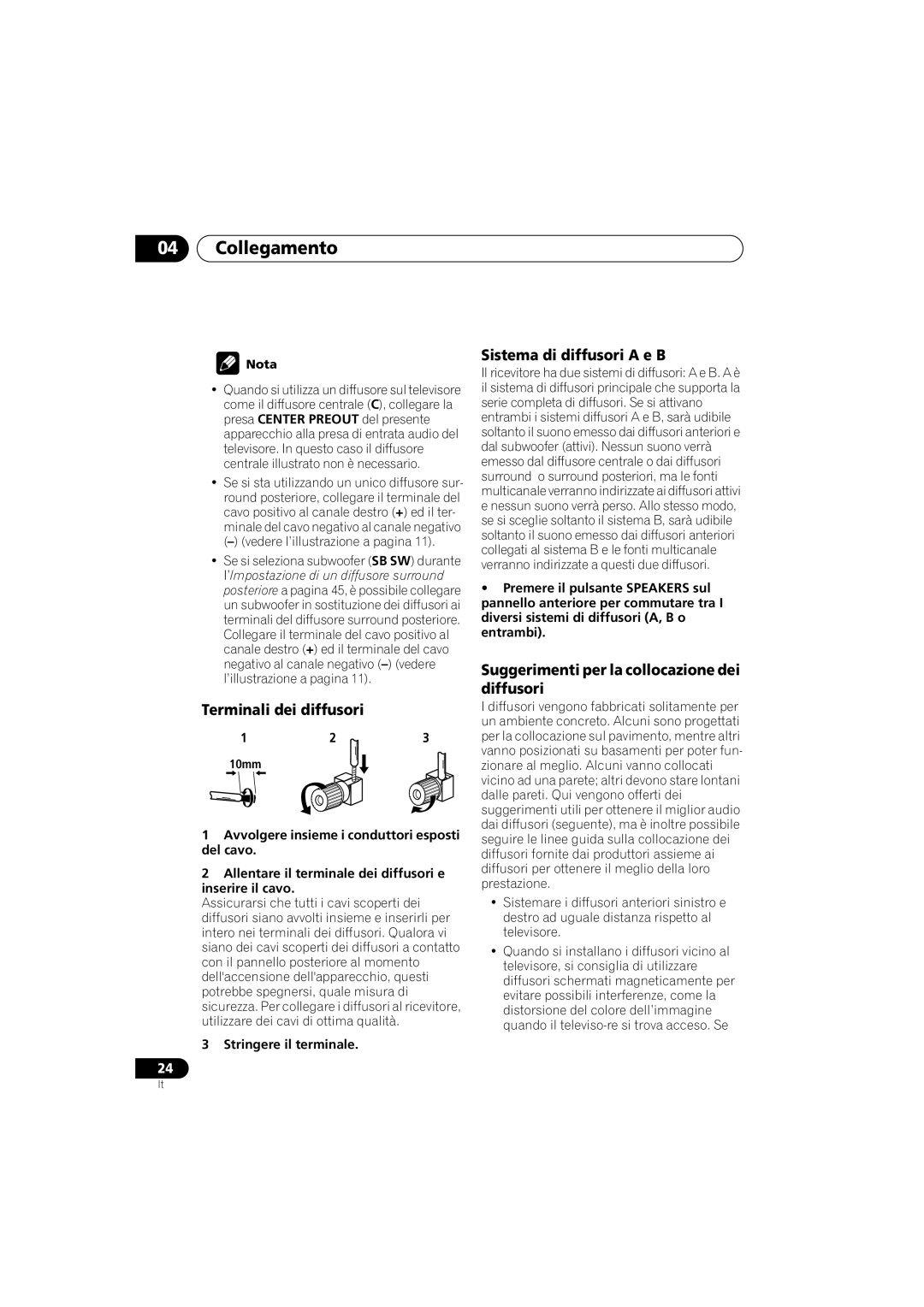 Pioneer VSX-D912 Terminali dei diffusori, Sistema di diffusori a e B, Suggerimenti per la collocazione dei diffusori 