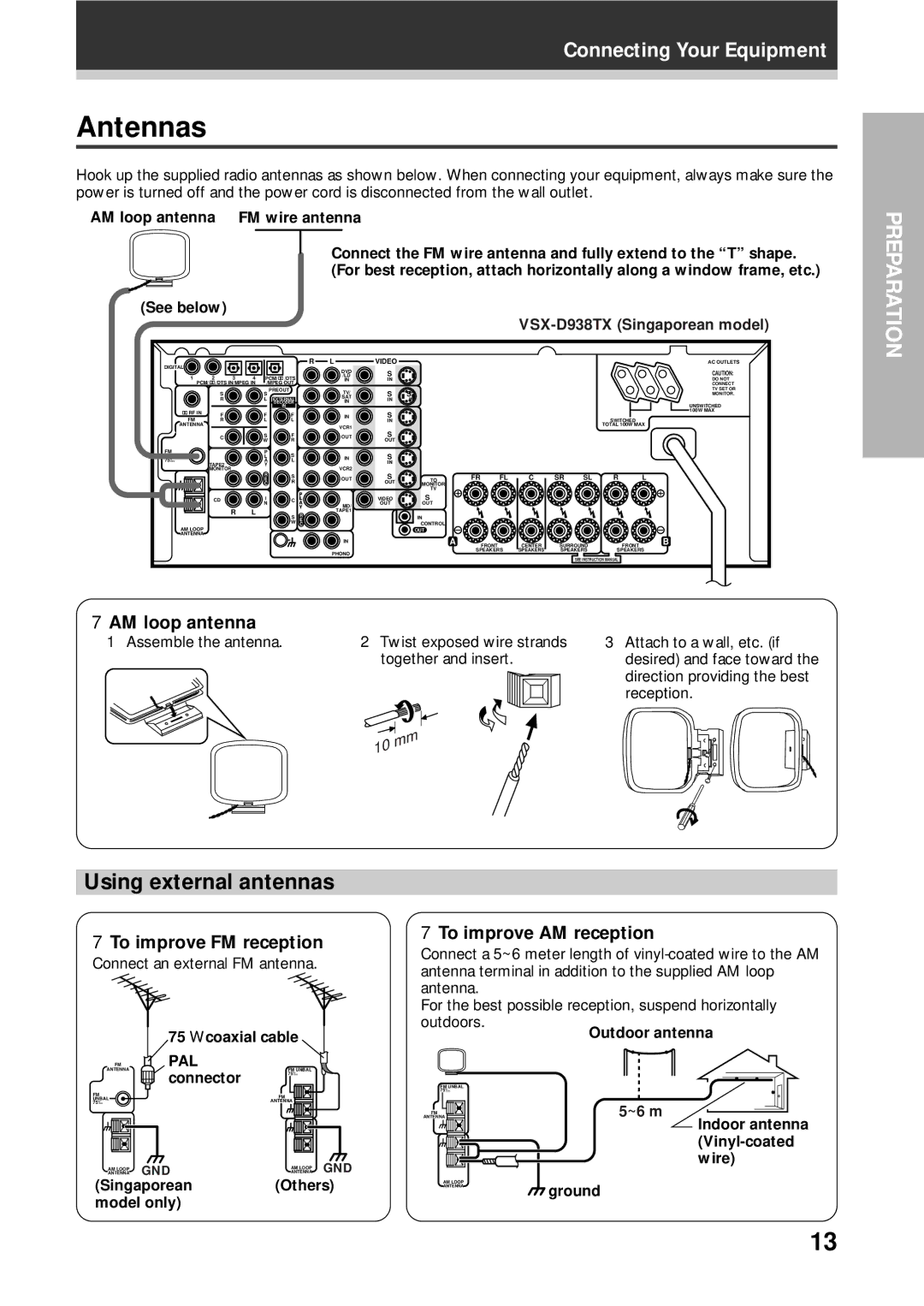 Pioneer VSX-D908TX-G Antennas, Using external antennas, AM loop antenna, To improve FM reception, To improve AM reception 