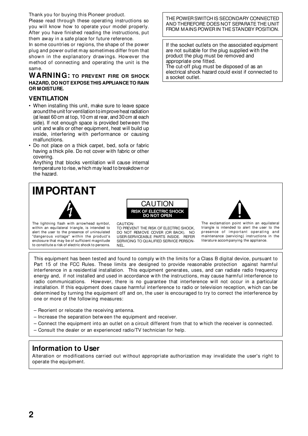 Pioneer VSX-D938TX, VSX-D908TX-G manual Information to User, Ventilation 