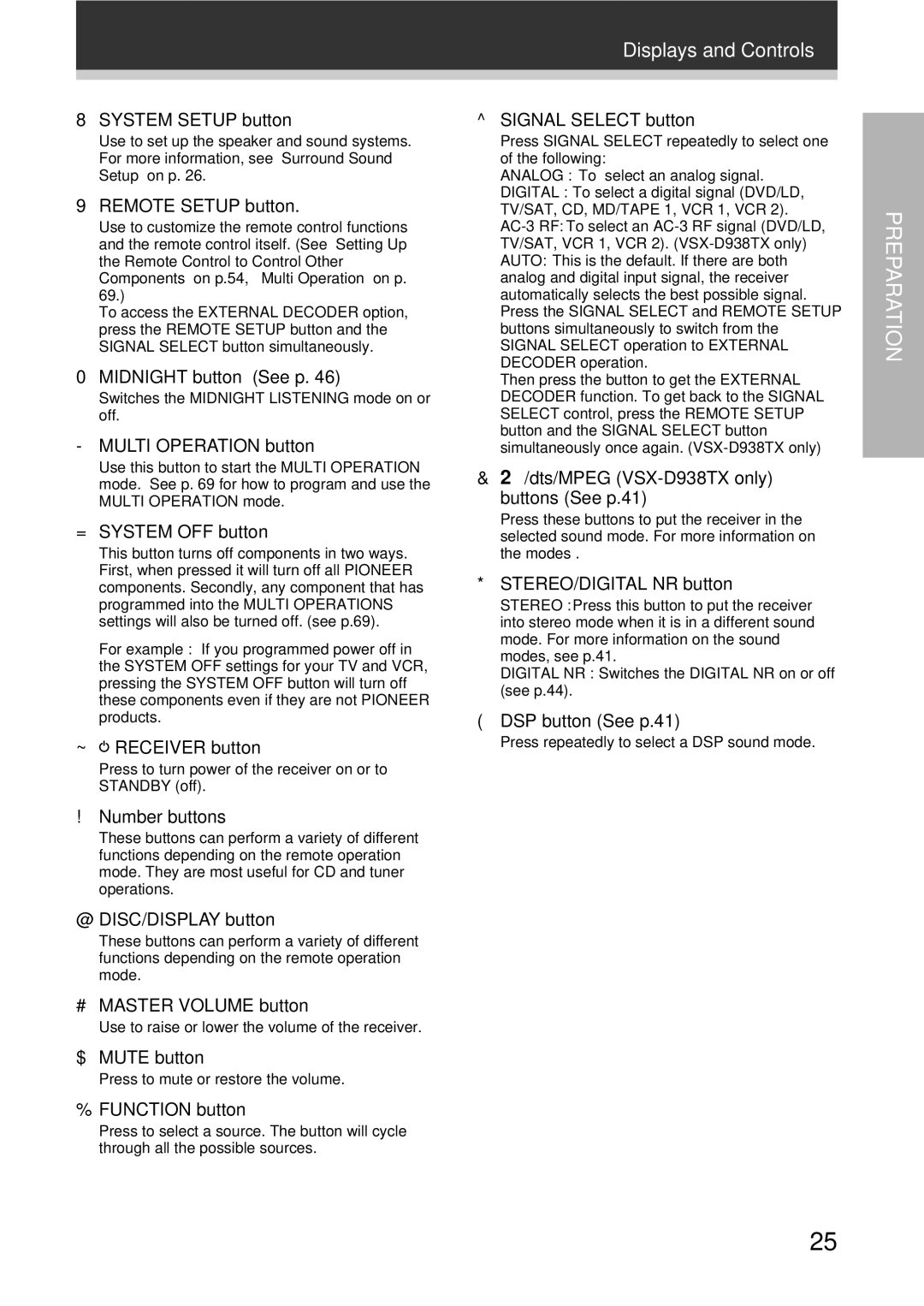 Pioneer VSX-D908TX-G, VSX-D938TX System Setup button, Remote Setup button, Midnight button See p, Multi Operation button 