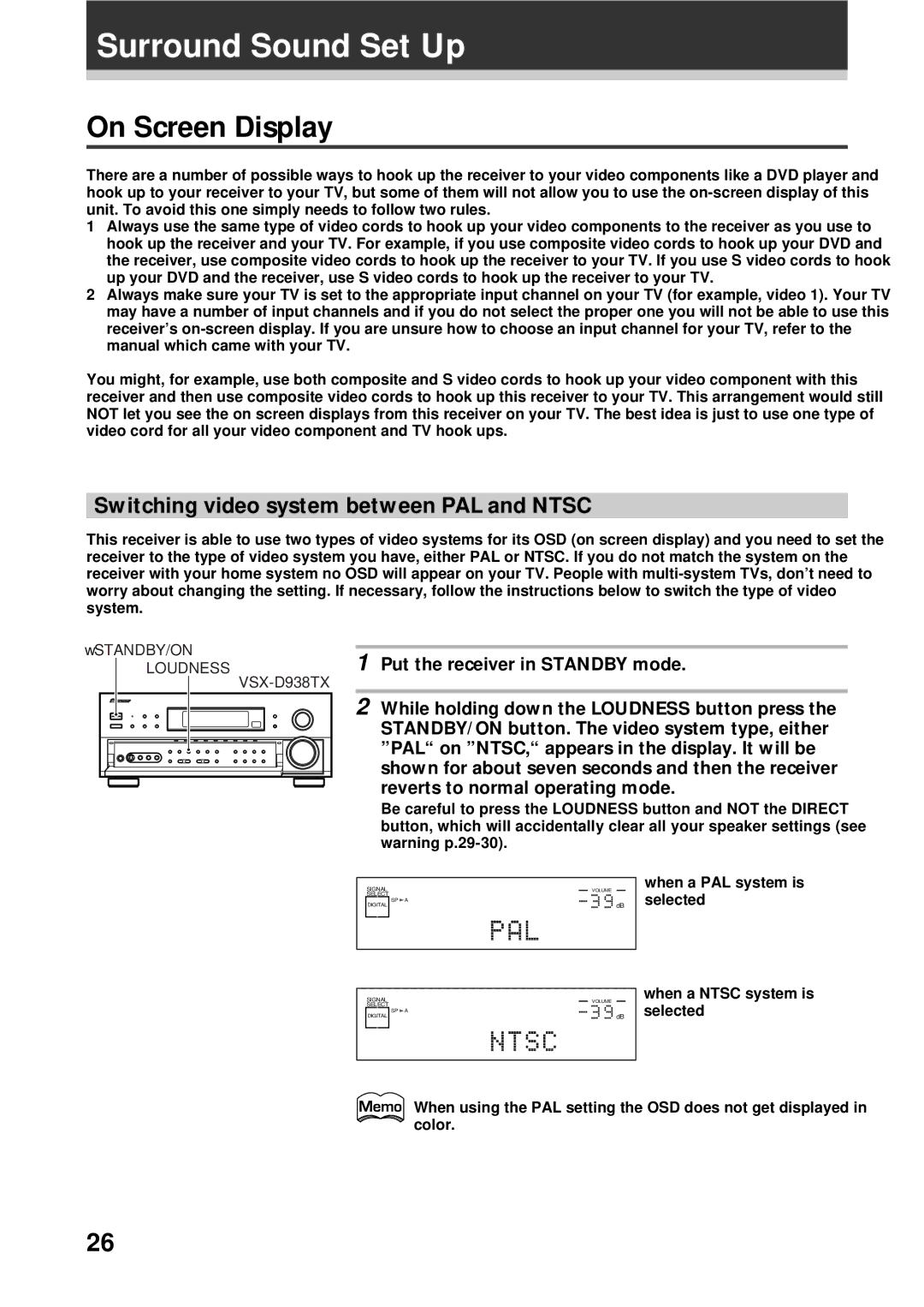 Pioneer VSX-D908TX manual Surround Sound Set Up, On Screen Display, Switching video system between PAL and Ntsc, Loudness 