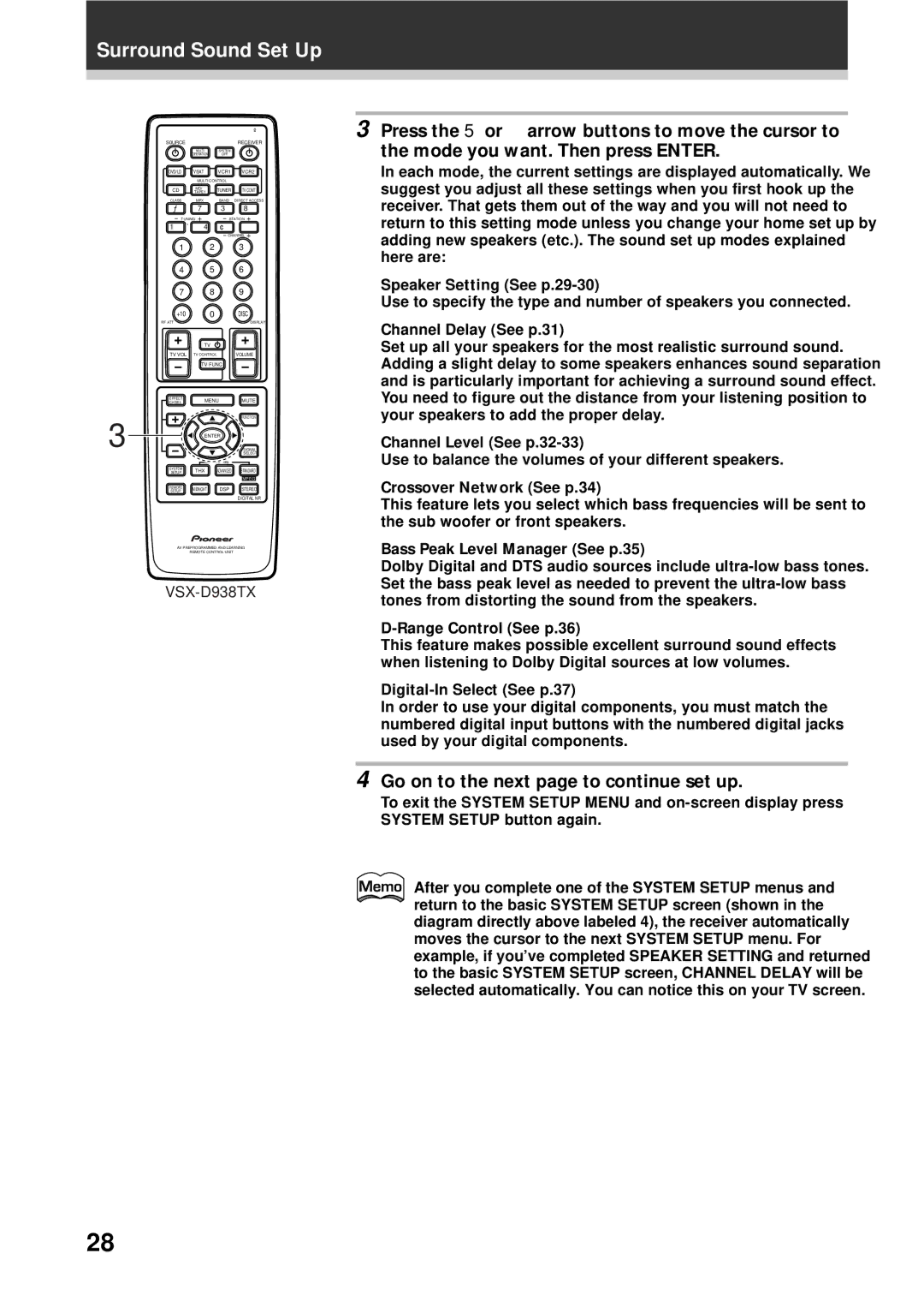 Pioneer VSX-D908TX-G, VSX-D938TX manual Go on to the next page to continue set up 