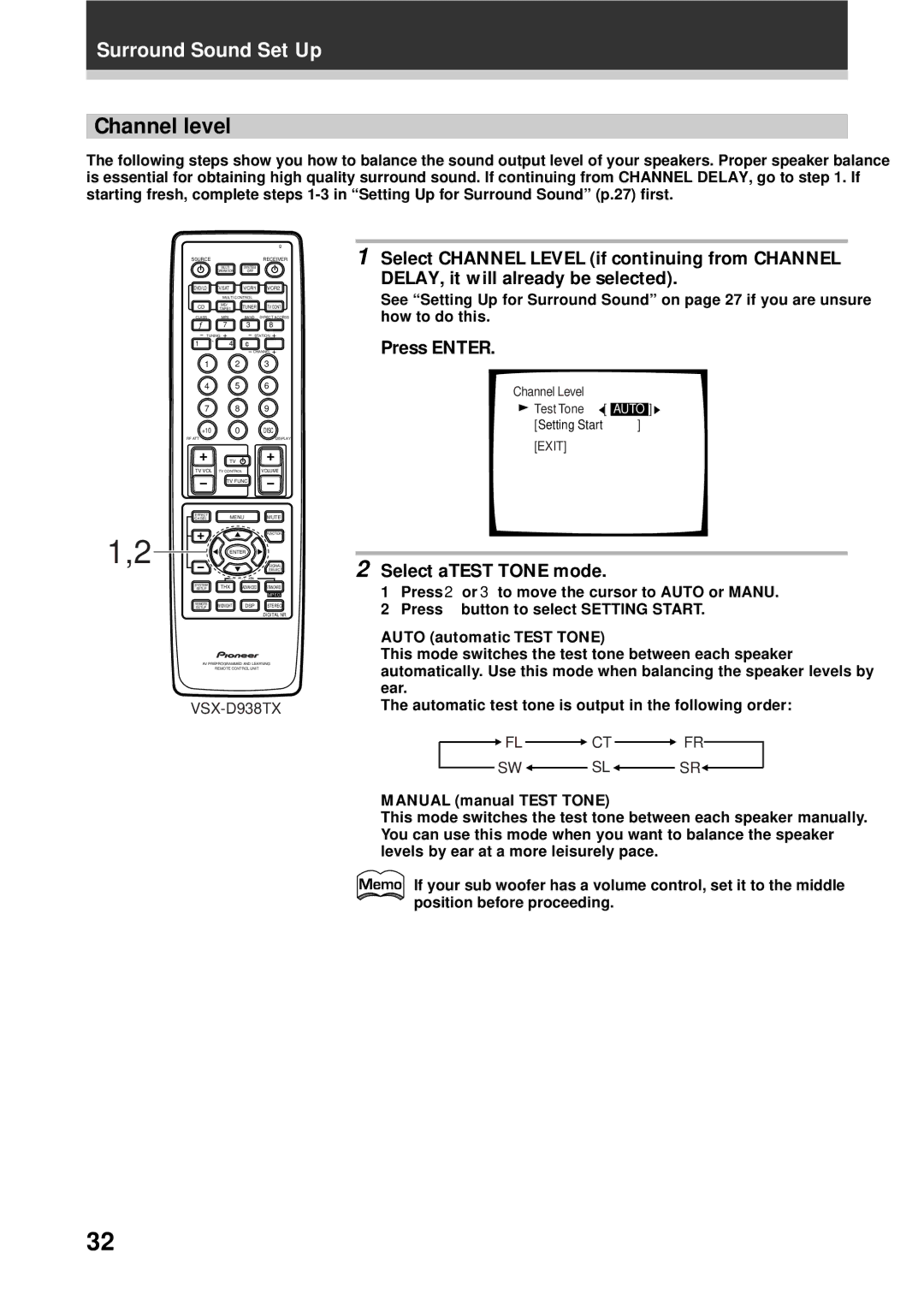 Pioneer VSX-D908TX, VSX-D938TX Channel level, Select aTEST Tone mode, Auto automatic Test Tone, Manual manual Test Tone 