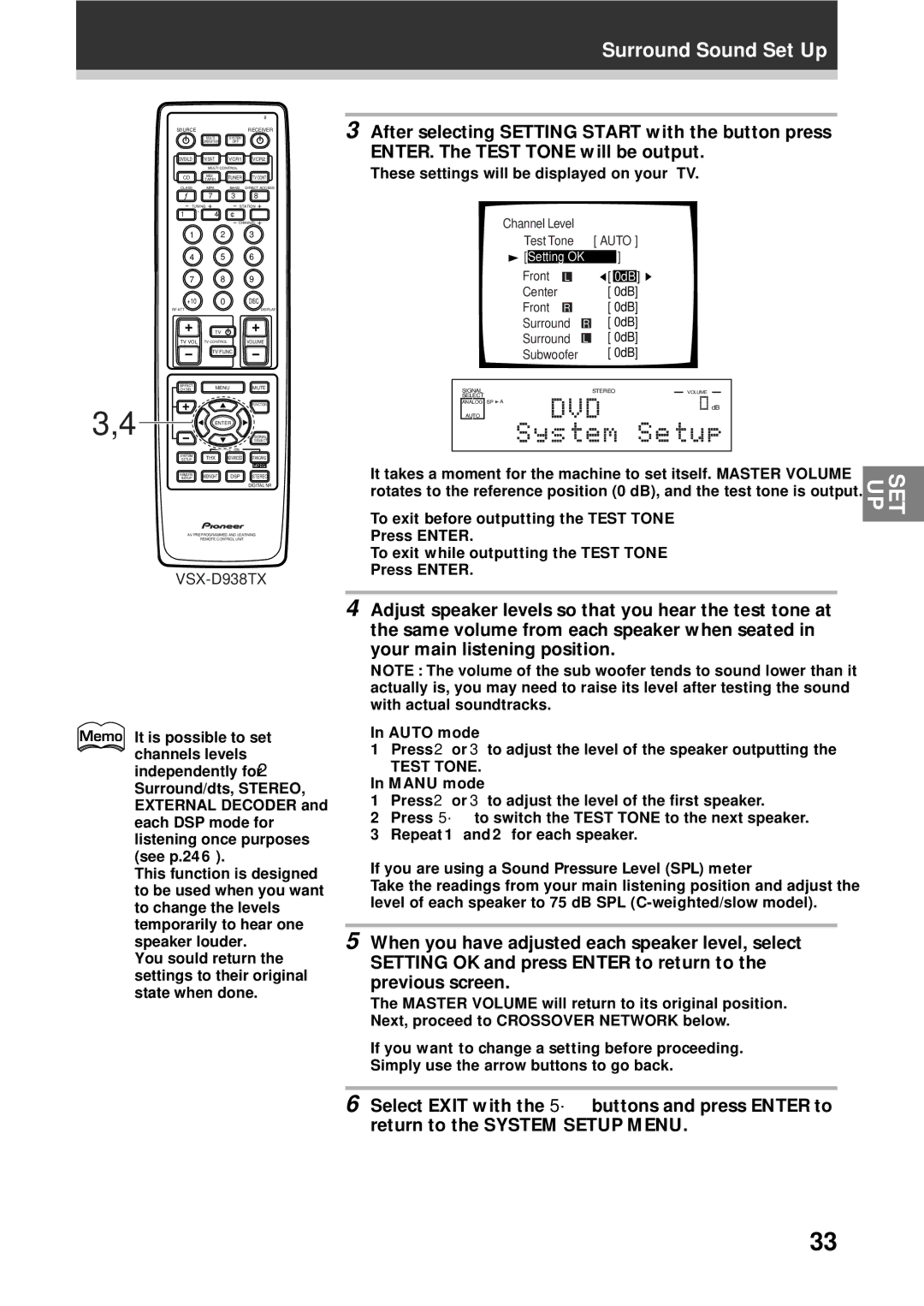 Pioneer VSX-D938TX To exit before outputting the Test Tone, To exit while outputting the Test Tone, Auto mode, Manu mode 