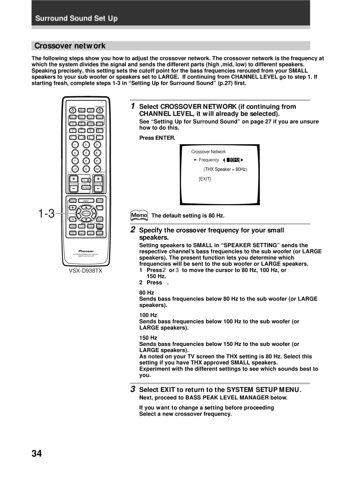 Pioneer VSX-D908TX-G, VSX-D938TX manual Crossover network, Specify the crossover frequency for your small speakers 