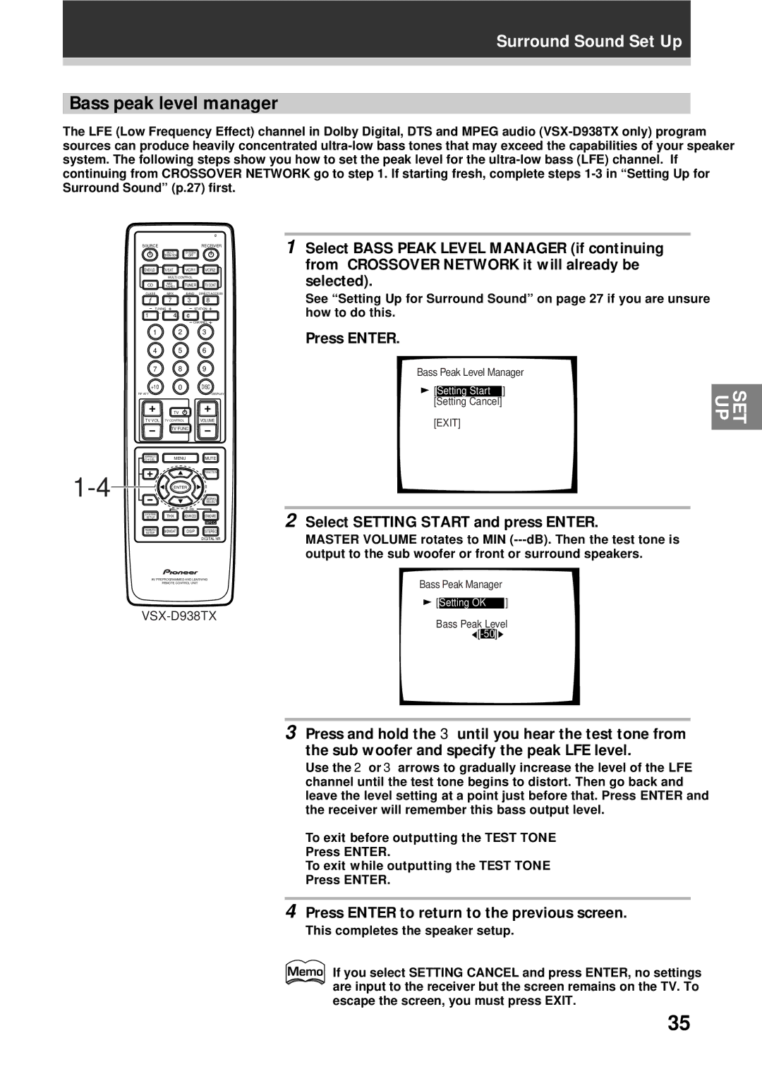 Pioneer VSX-D938TX, VSX-D908TX-G manual Bass peak level manager, Select Setting Start and press Enter 