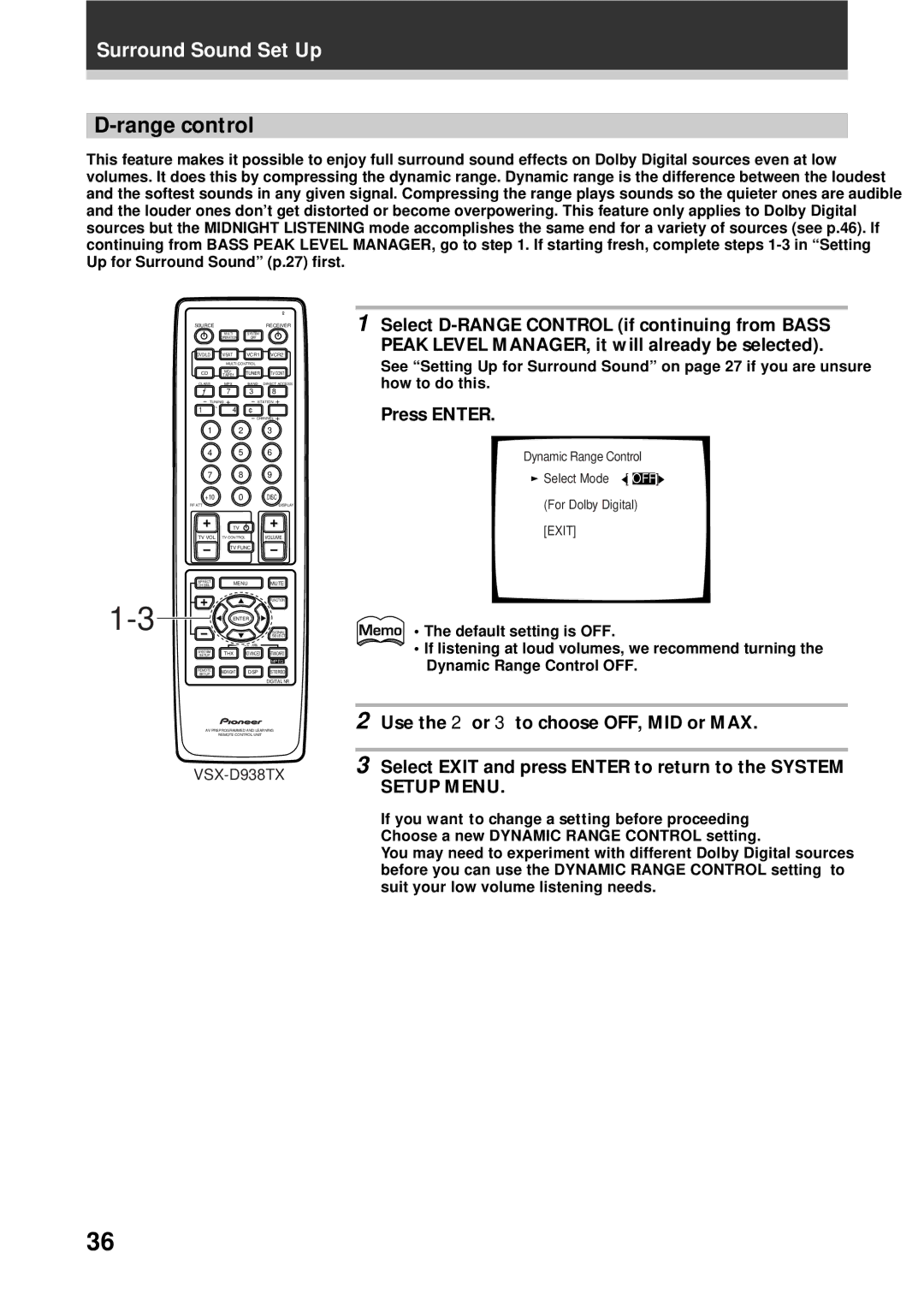 Pioneer VSX-D938TX, VSX-D908TX-G manual Range control 