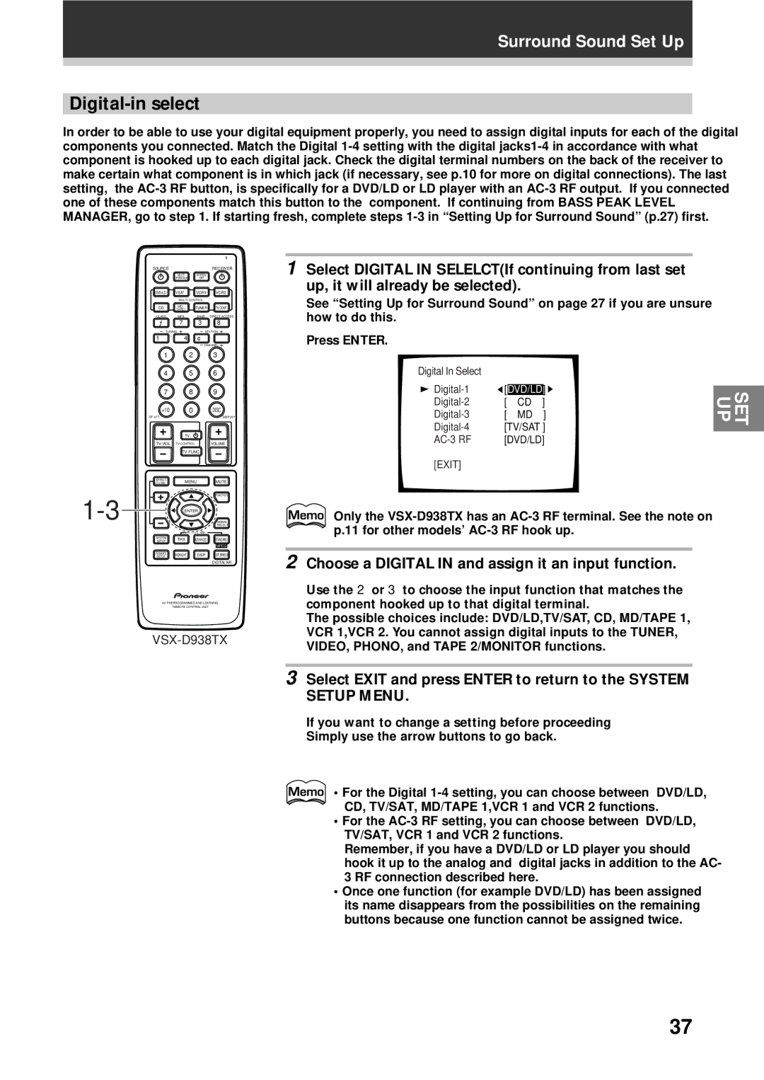 Pioneer VSX-D908TX-G, VSX-D938TX manual Digital-in select, Choose a Digital in and assign it an input function 