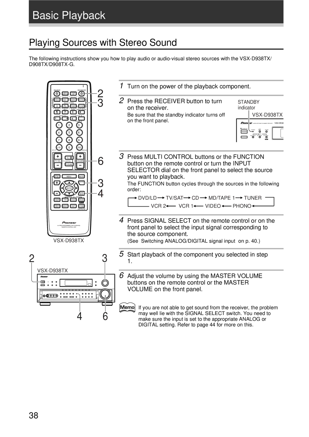 Pioneer VSX-D938TX, VSX-D908TX-G manual Basic Playback, Playing Sources with Stereo Sound, On the receiver, Standby 