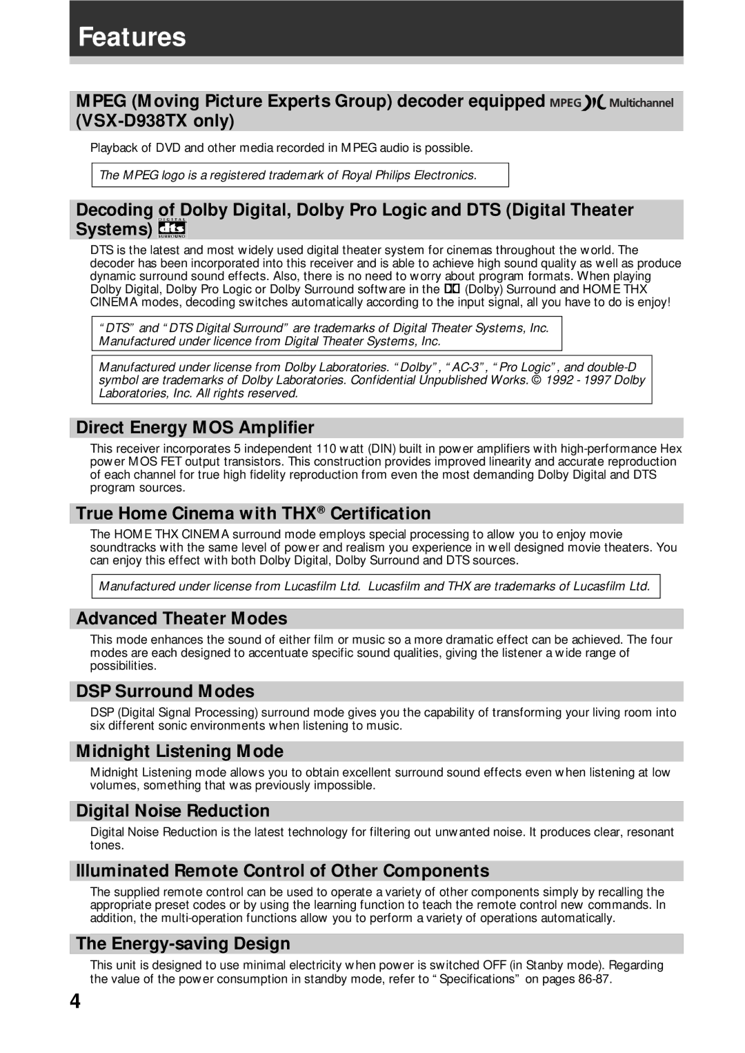 Pioneer VSX-D908TX-G, VSX-D938TX manual Features 