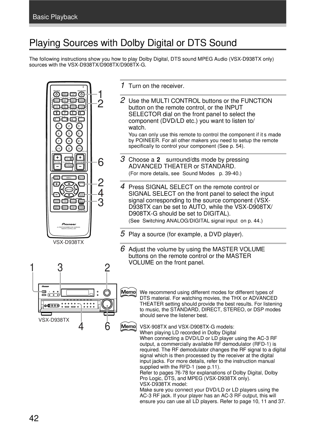 Pioneer VSX-D938TX, VSX-D908TX-G manual Playing Sources with Dolby Digital or DTS Sound 