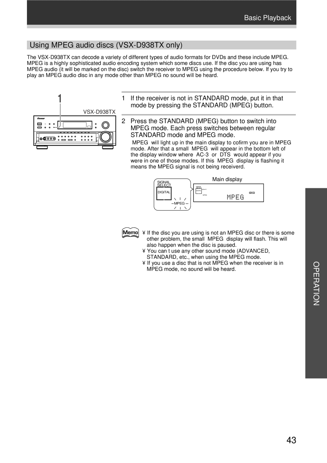 Pioneer VSX-D908TX-G manual Using Mpeg audio discs VSX-D938TX only 