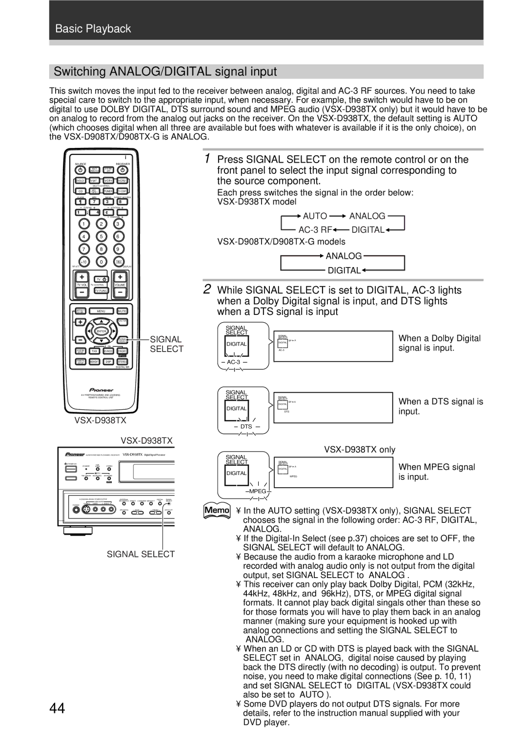 Pioneer VSX-D908TX, VSX-D938TX manual Switching ANALOG/DIGITAL signal input, Auto Analog AC-3 RF Digital, Analog Digital 