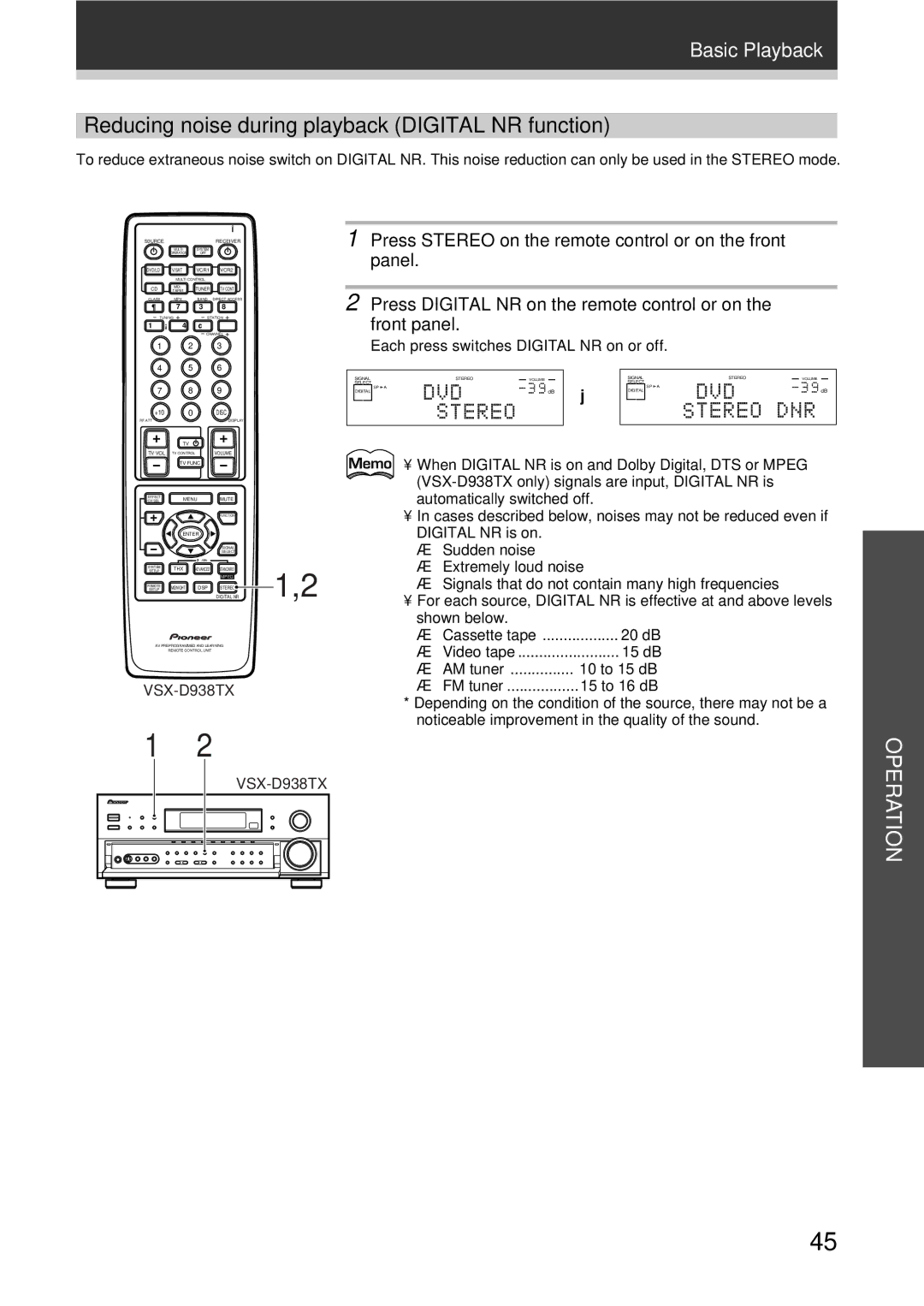 Pioneer VSX-D938TX, VSX-D908TX-G manual Reducing noise during playback Digital NR function 