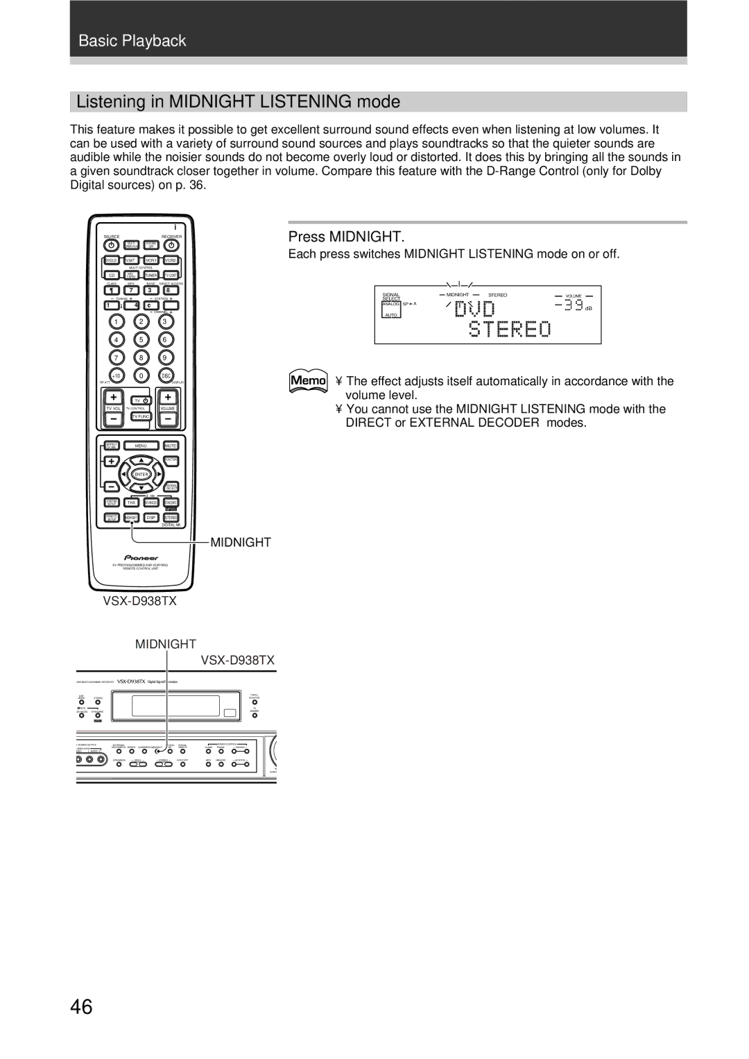 Pioneer VSX-D908TX-G manual Listening in Midnight Listening mode, Press Midnight, Midnight VSX-D938TX 