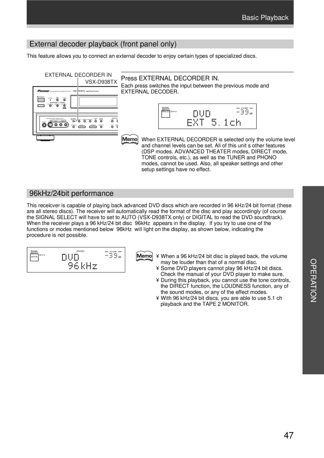 Pioneer VSX-D908TX External decoder playback front panel only, 96kHz/24bit performance, VSX-D938TX Press External Decorder 