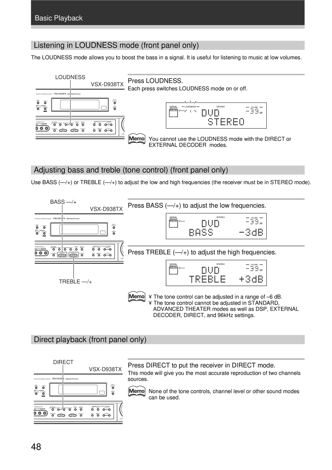 Pioneer VSX-D938TX Listening in Loudness mode front panel only, Adjusting bass and treble tone control front panel only 
