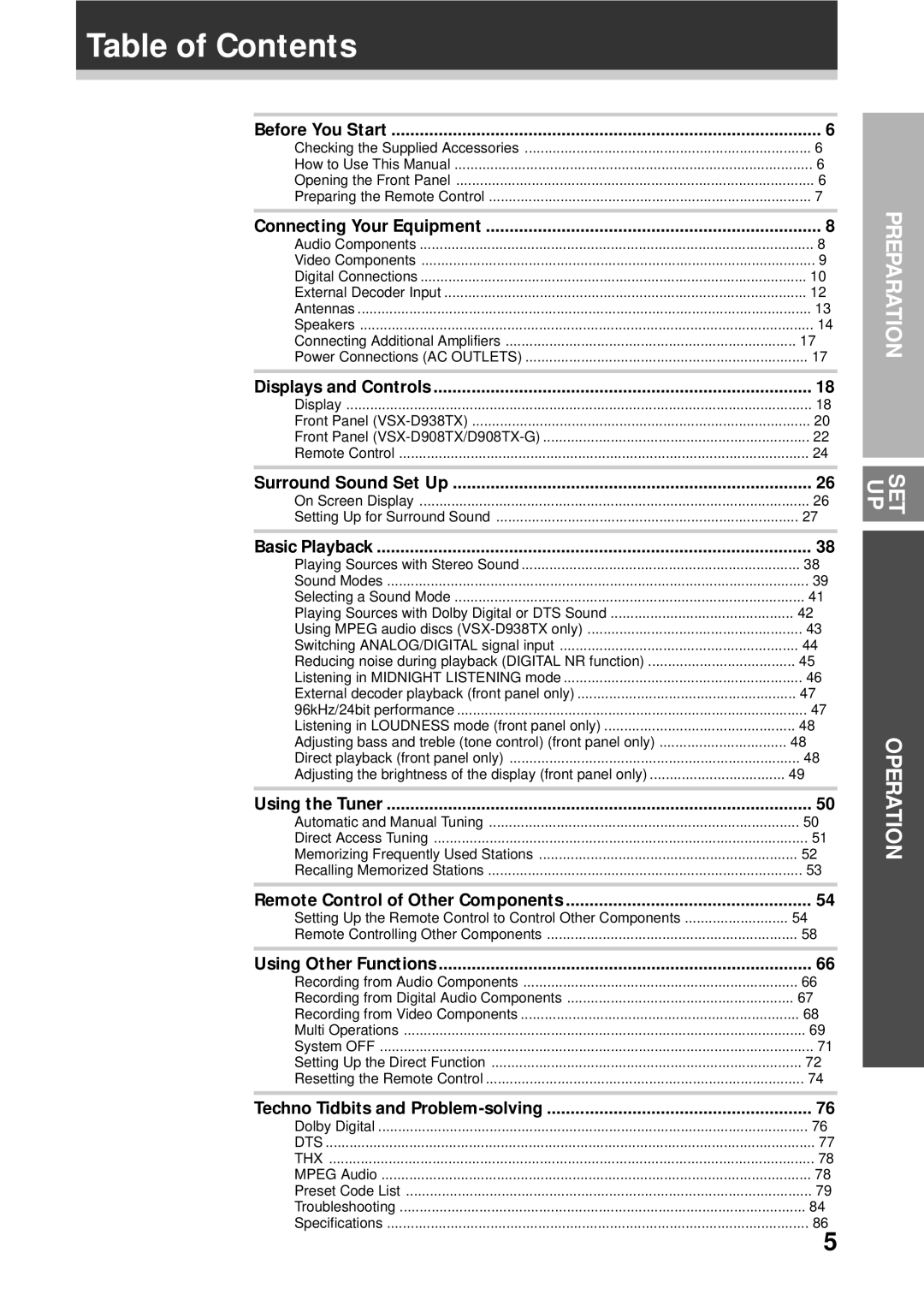 Pioneer VSX-D938TX, VSX-D908TX-G manual Table of Contents 