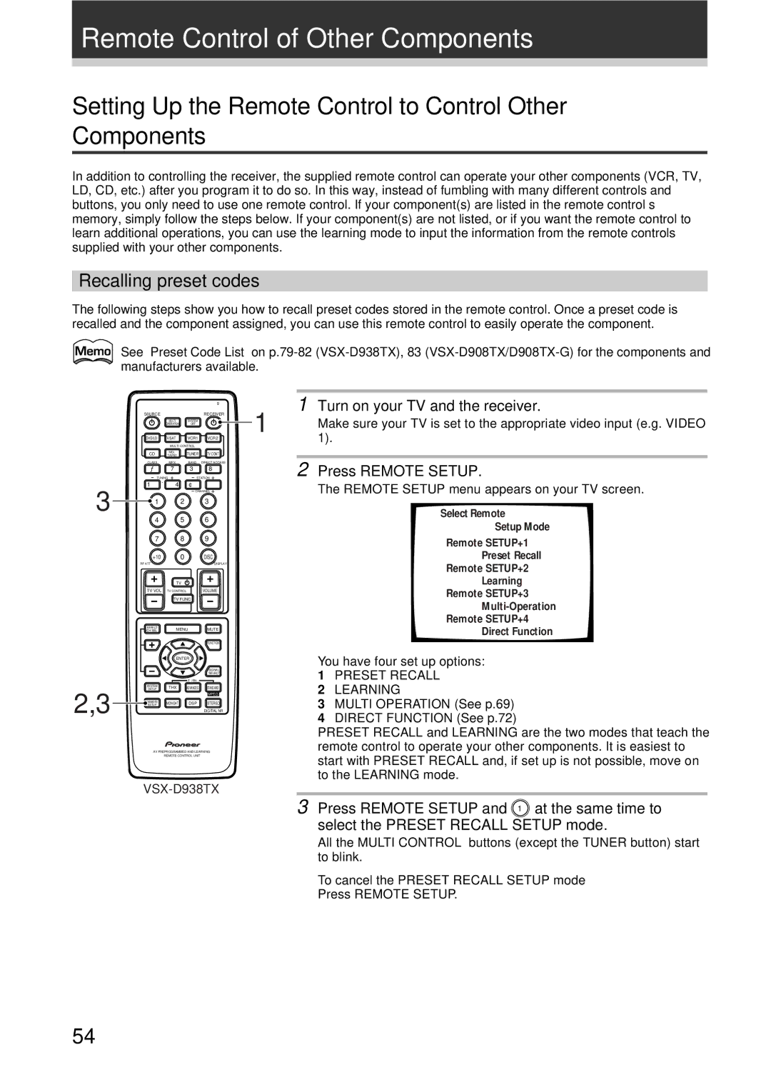 Pioneer VSX-D938TX manual Remote Control of Other Components, Setting Up the Remote Control to Control Other Components 