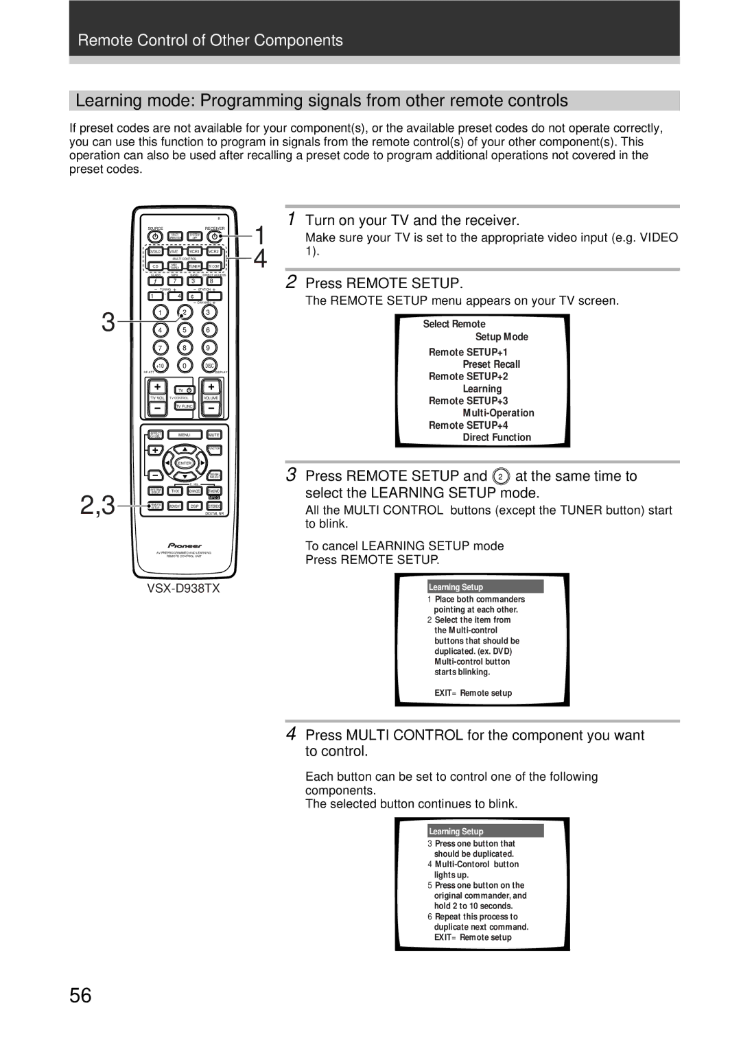 Pioneer VSX-D908TX, VSX-D938TX Press Multi Control for the component you want to control, To cancel Learning Setup mode 