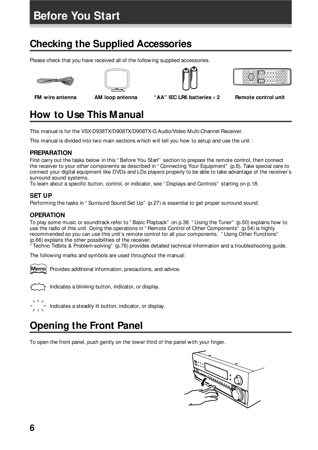 Pioneer VSX-D938TX Before You Start, Checking the Supplied Accessories, How to Use This Manual, Opening the Front Panel 