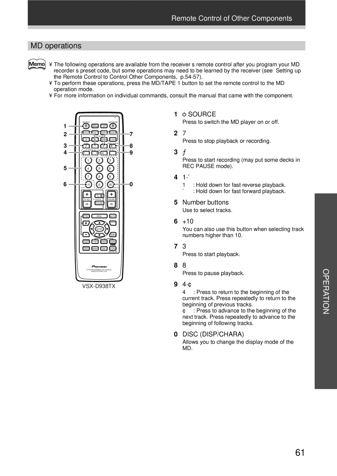 Pioneer VSX-D908TX-G, VSX-D938TX manual MD operations, Disc DISP/CHARA, You can also use this button when selecting track 