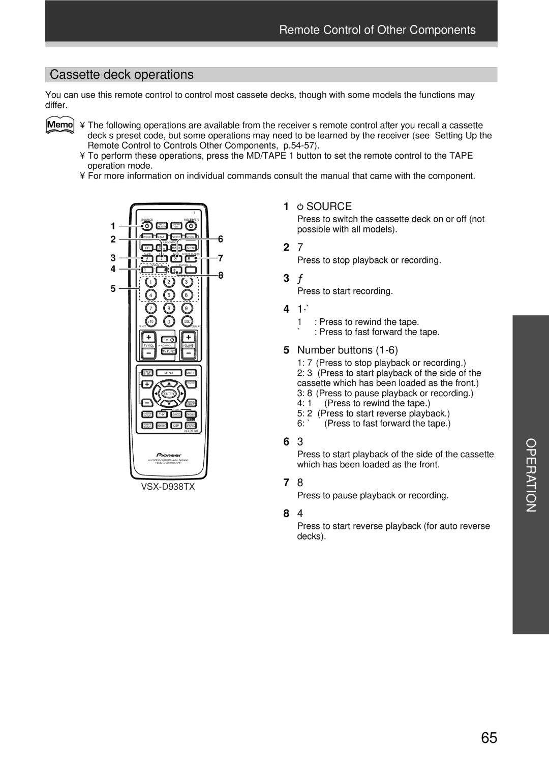 Pioneer VSX-D938TX, VSX-D908TX-G manual Cassette deck operations 