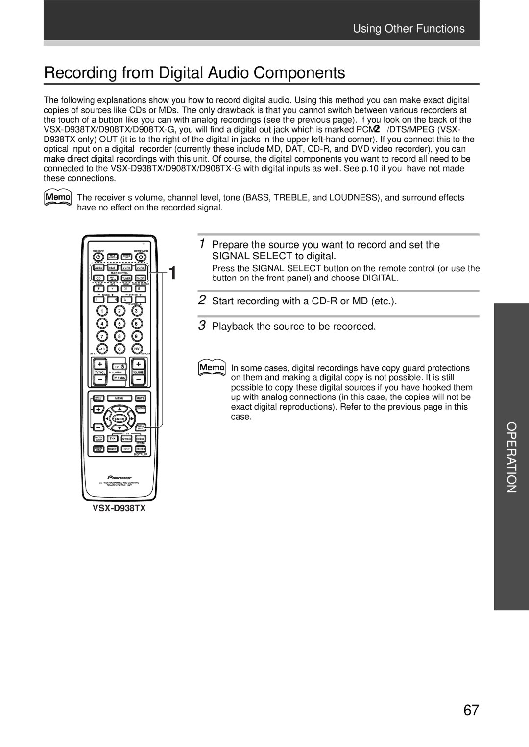 Pioneer VSX-D908TX-G, VSX-D938TX Recording from Digital Audio Components, Prepare the source you want to record and set 