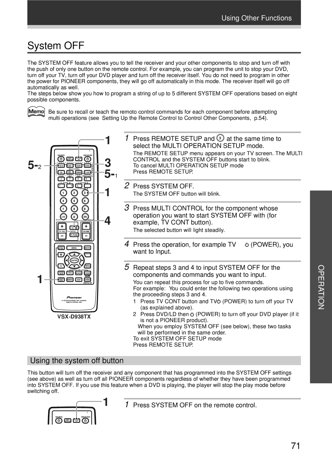 Pioneer VSX-D938TX, VSX-D908TX-G manual System OFF, Using the system off button 