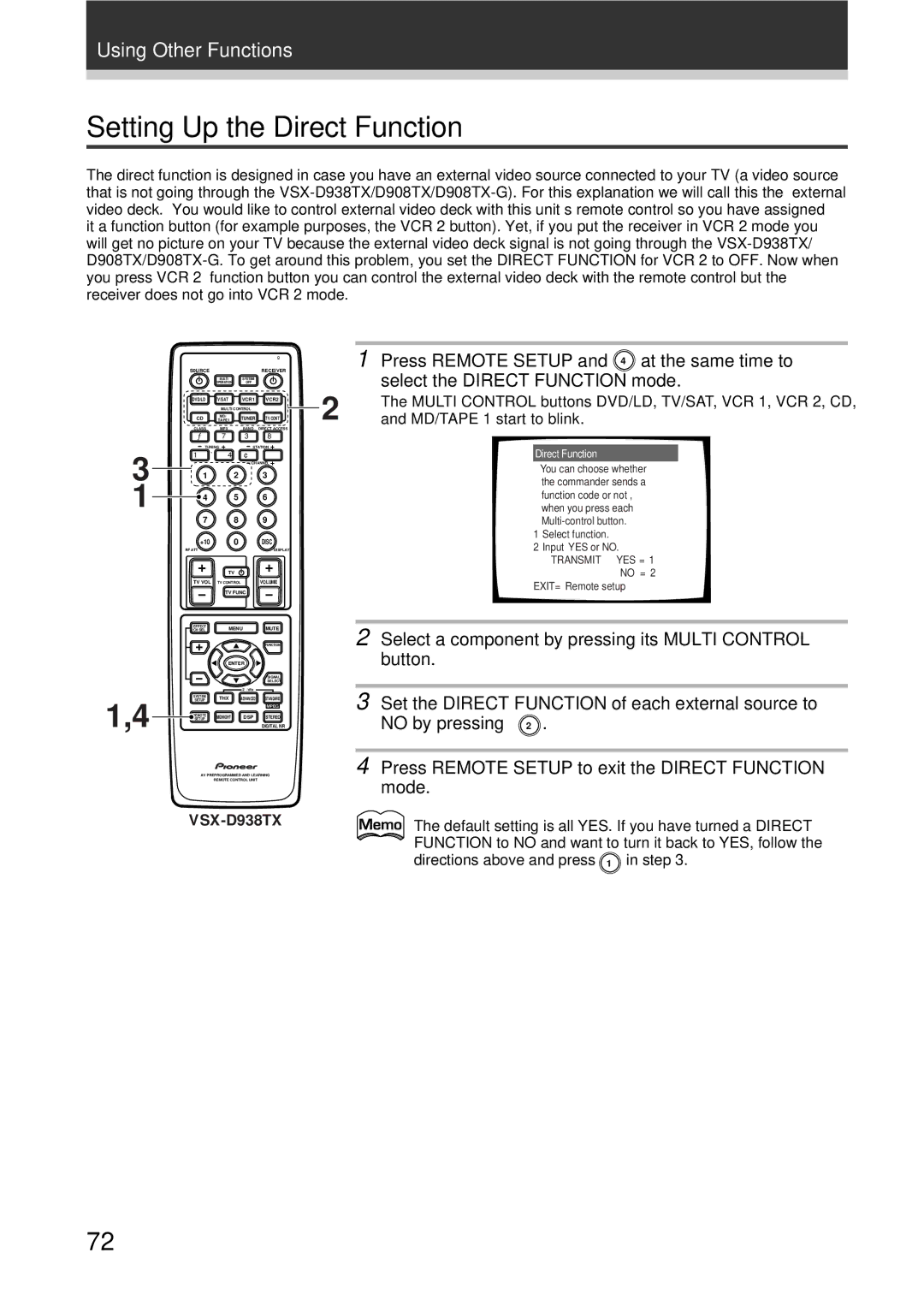 Pioneer VSX-D938TX, VSX-D908TX-G manual Setting Up the Direct Function 