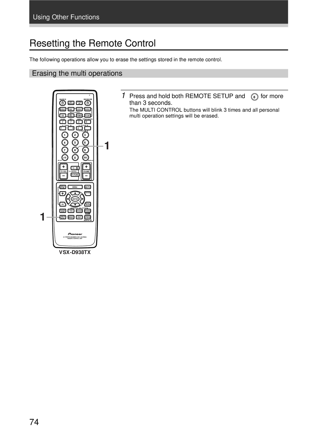 Pioneer VSX-D938TX, VSX-D908TX-G manual Resetting the Remote Control, Erasing the multi operations 