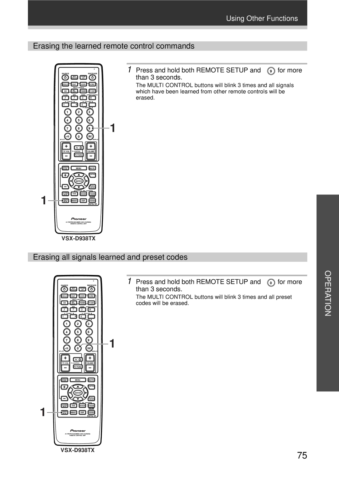 Pioneer VSX-D938TX, VSX-D908TX-G Erasing the learned remote control commands, Erasing all signals learned and preset codes 