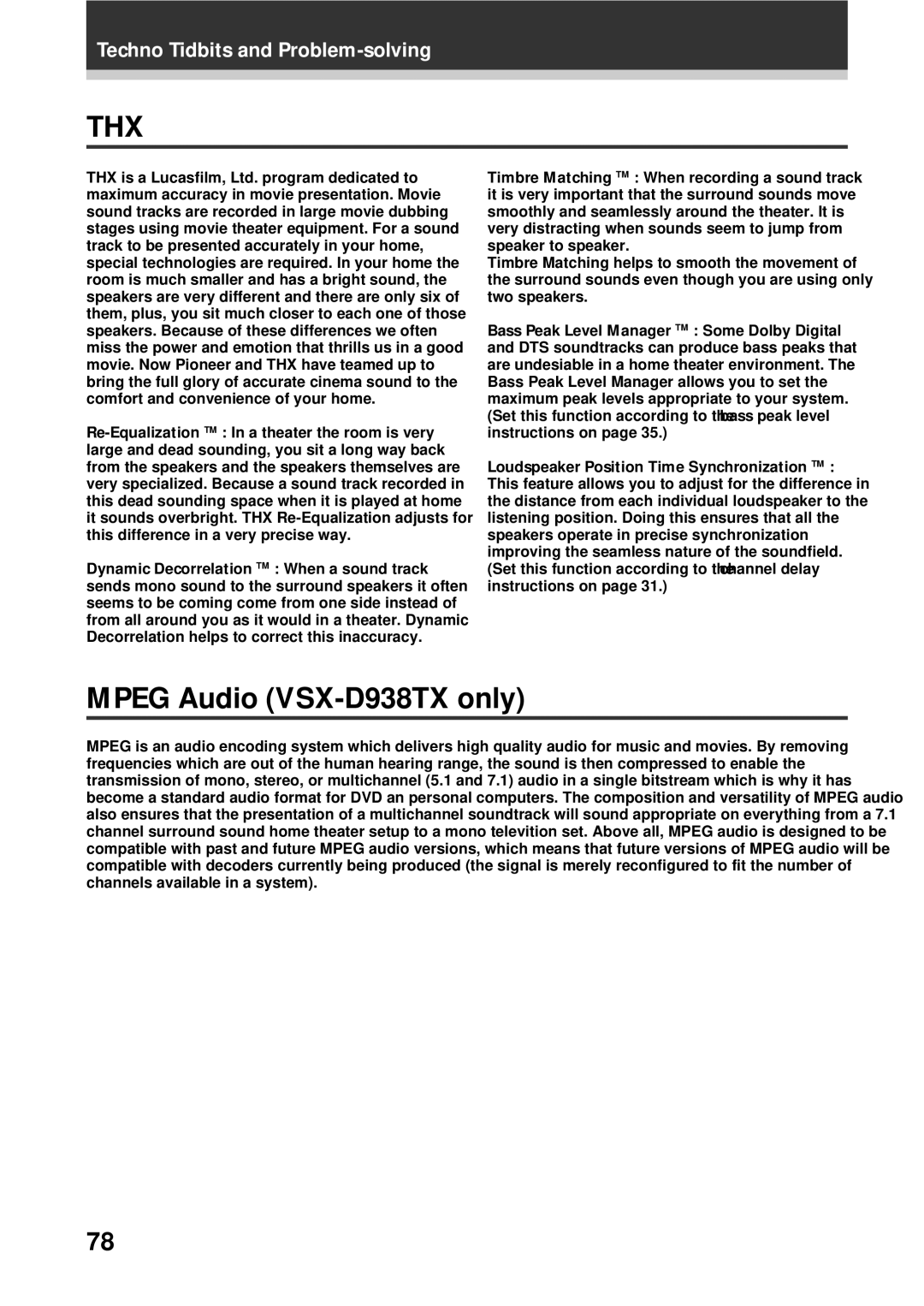 Pioneer VSX-D908TX-G manual Thx, Mpeg Audio VSX-D938TX only 