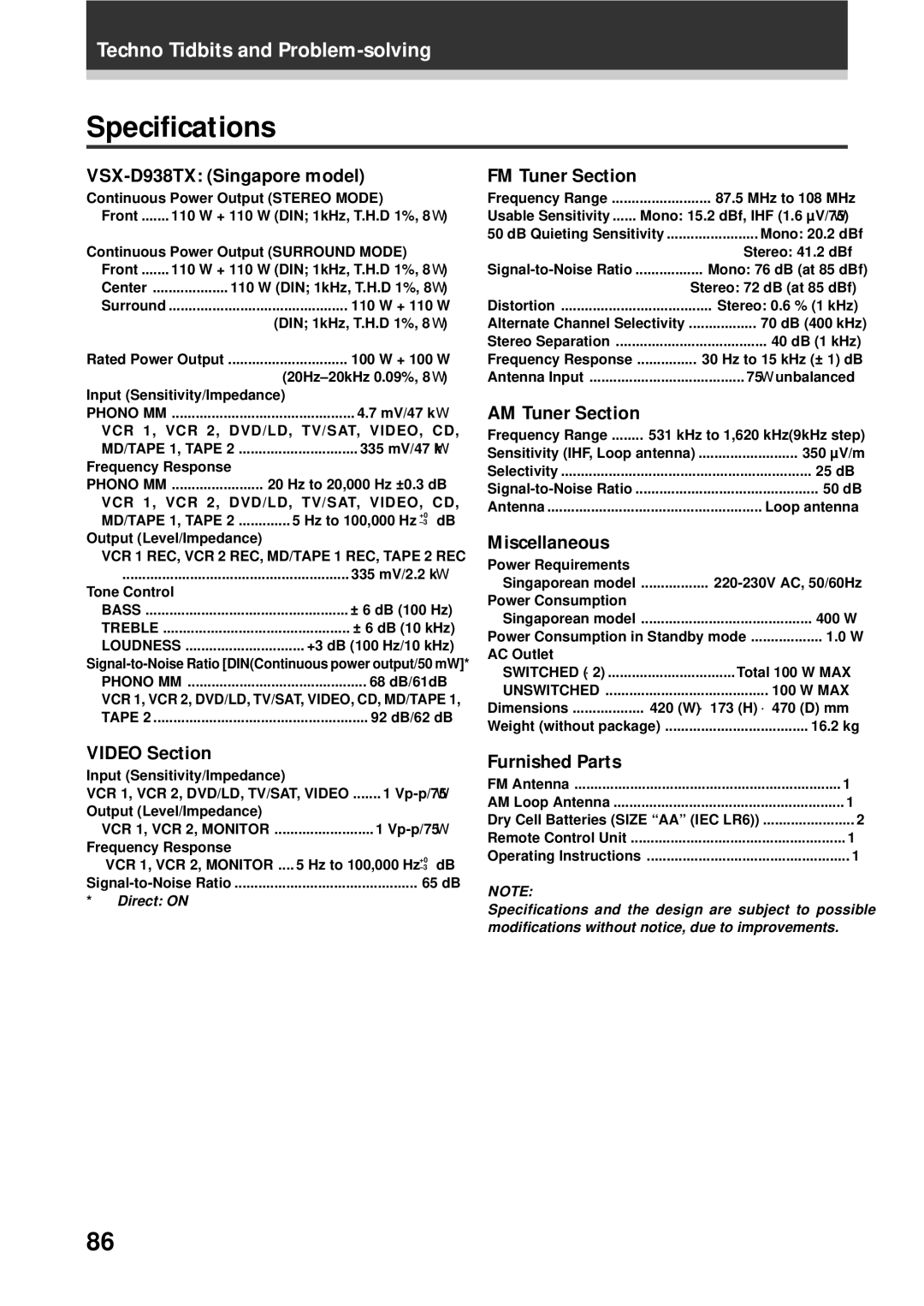 Pioneer VSX-D938TX, VSX-D908TX-G manual Specifications 