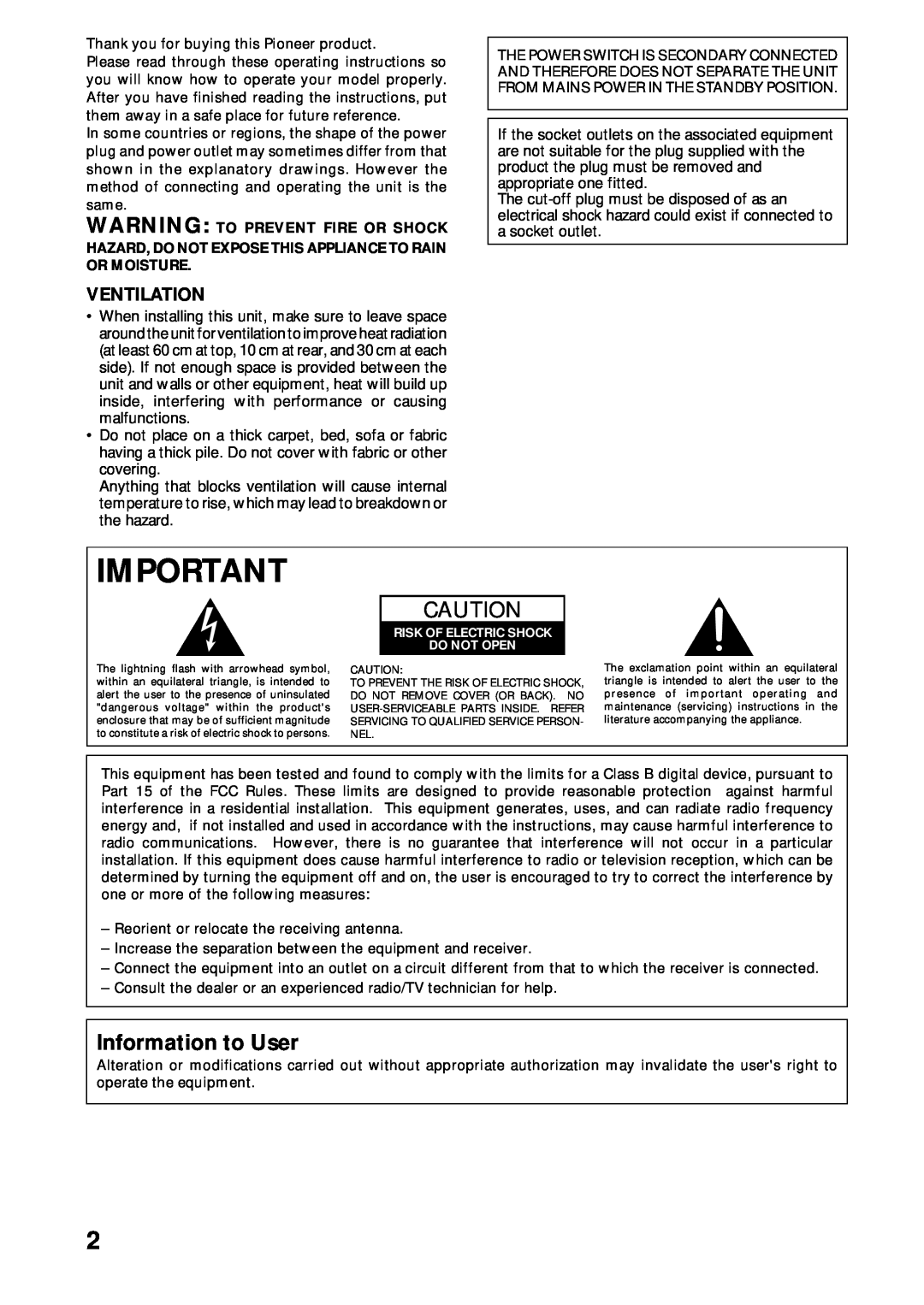 Pioneer VSX-D938TX, VSX-D908TX-G manual Information to User, Ventilation 