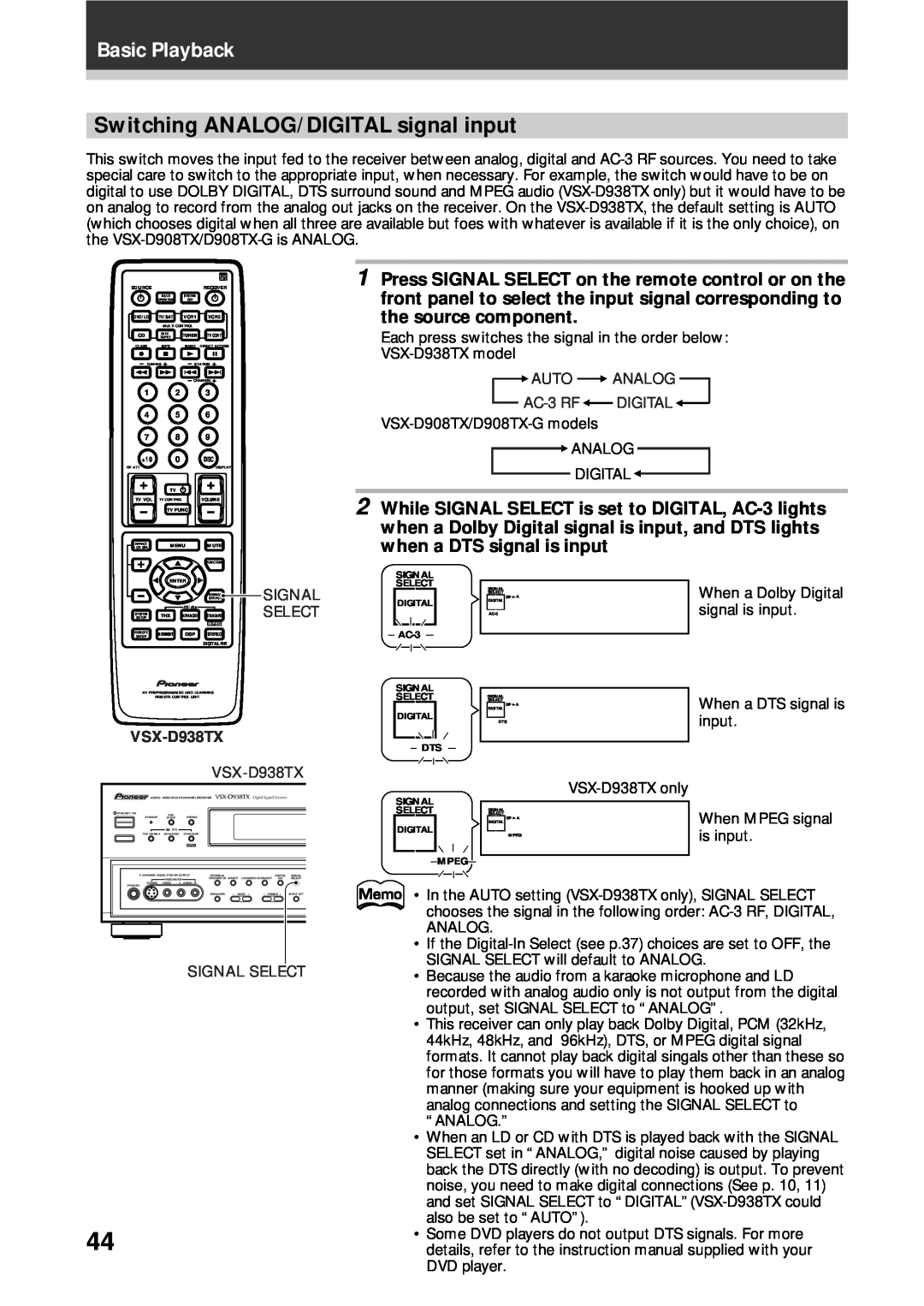 Pioneer VSX-D938TX, VSX-D908TX-G manual Switching ANALOG/DIGITAL signal input, Basic Playback 