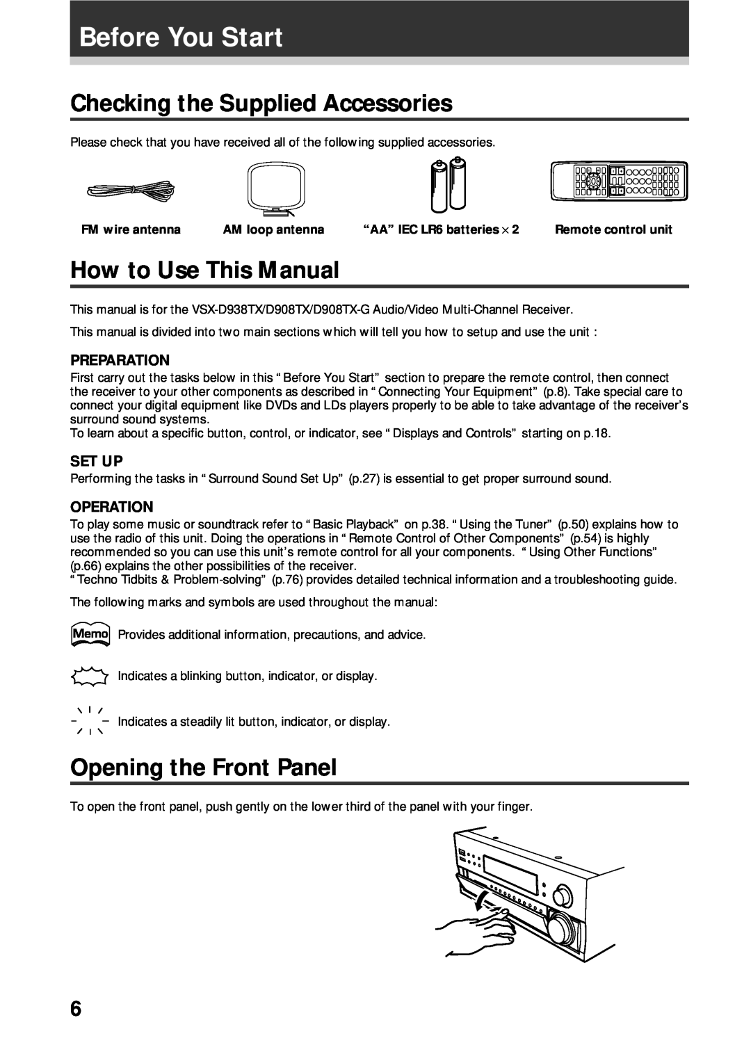Pioneer VSX-D938TX Before You Start, Checking the Supplied Accessories, How to Use This Manual, Opening the Front Panel 