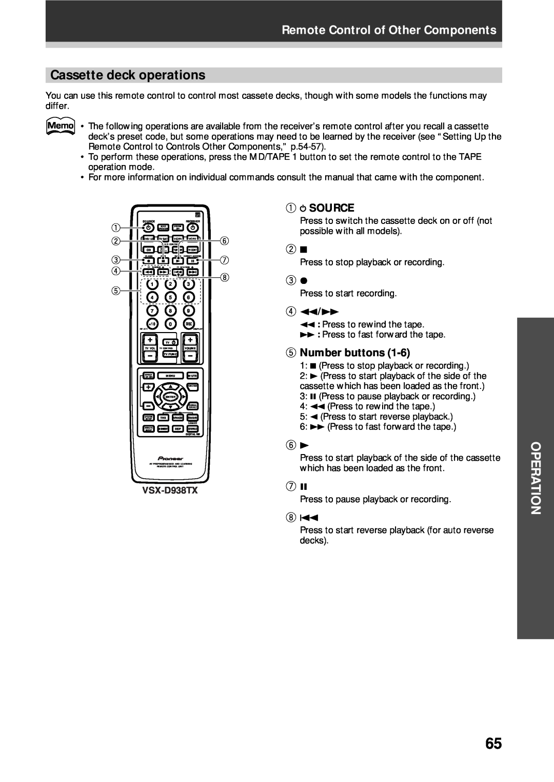 Pioneer VSX-D908TX-G manual Operation, Remote Control of Other Components, Source, 4 1´Á, 5Number buttons, VSX-D938TX 