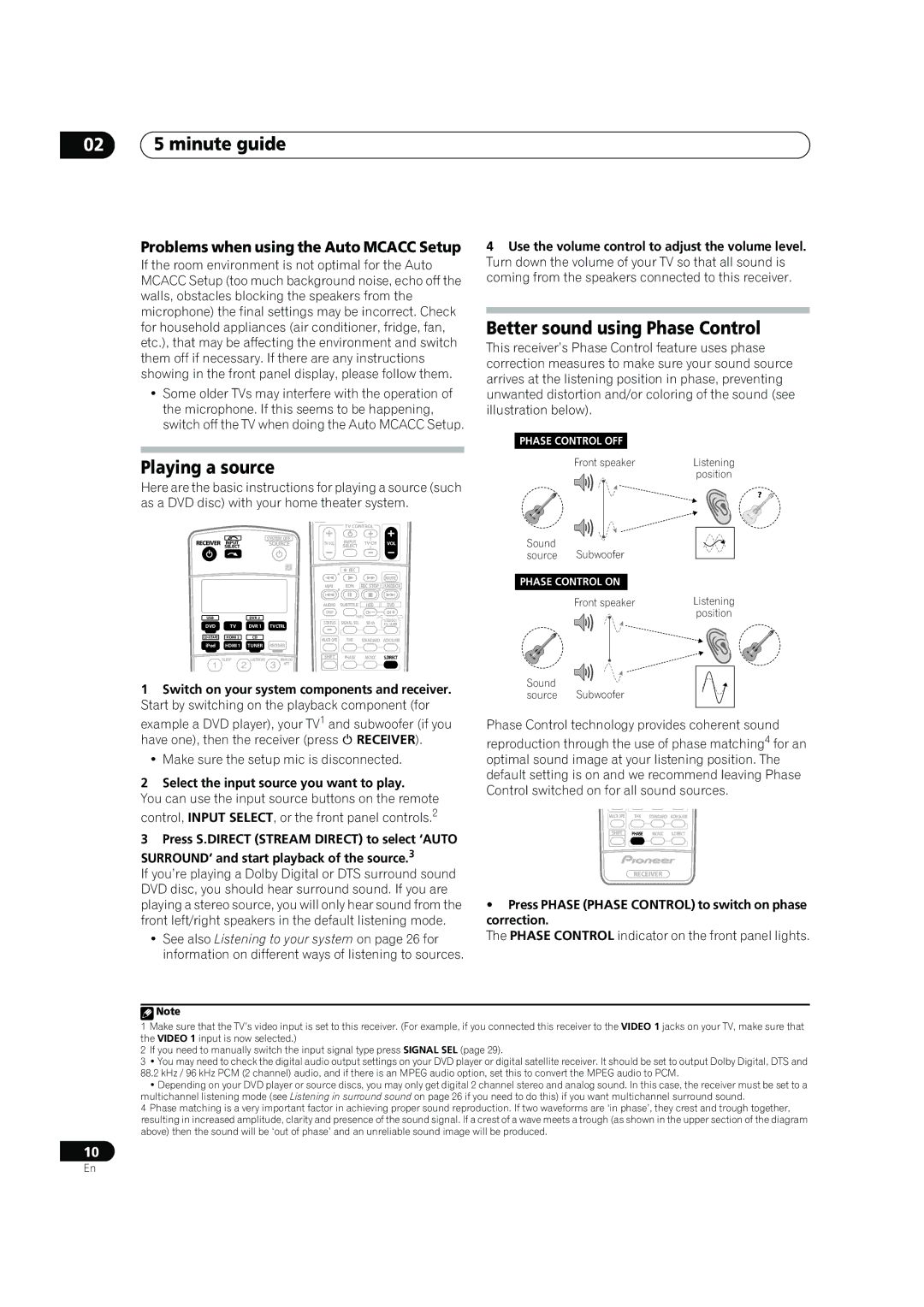 Pioneer VSX-LX50 manual 02 5 minute guide, Better sound using Phase Control, Playing a source 