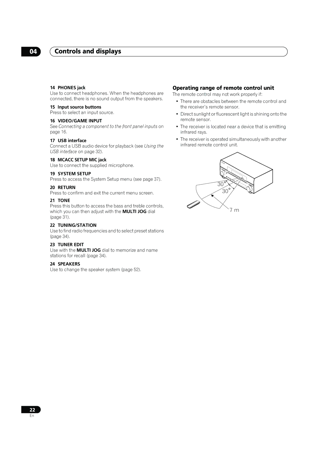 Pioneer VSX-LX50 manual Controls and displays, Operating range of remote control unit 