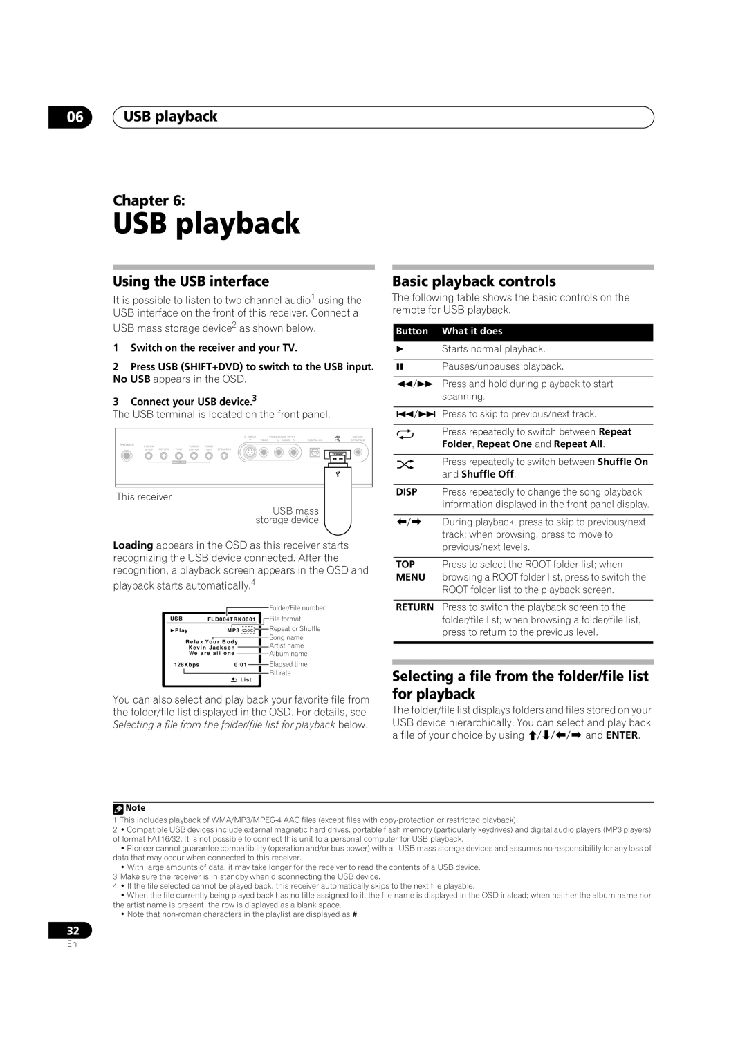 Pioneer VSX-LX50 manual USB playback Chapter, Using the USB interface, Basic playback controls 