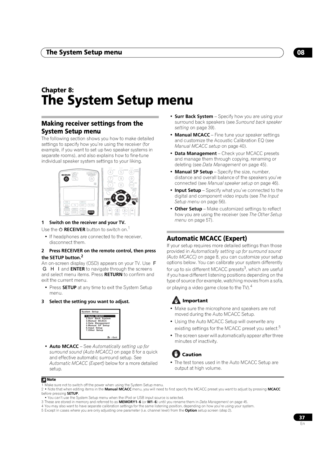 Pioneer VSX-LX50 manual System Setup menu Chapter, Making receiver settings from the System Setup menu 