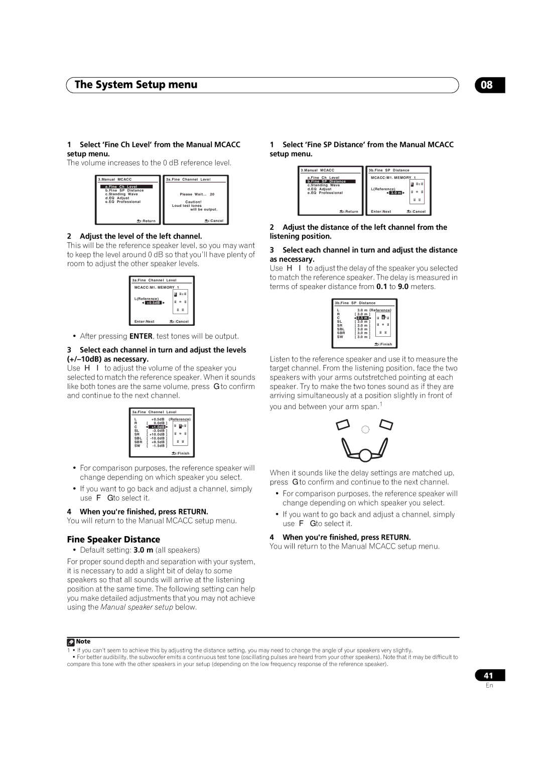 Pioneer VSX-LX50 manual Fine Speaker Distance, Select ‘Fine Ch Level’ from the Manual Mcacc setup menu 