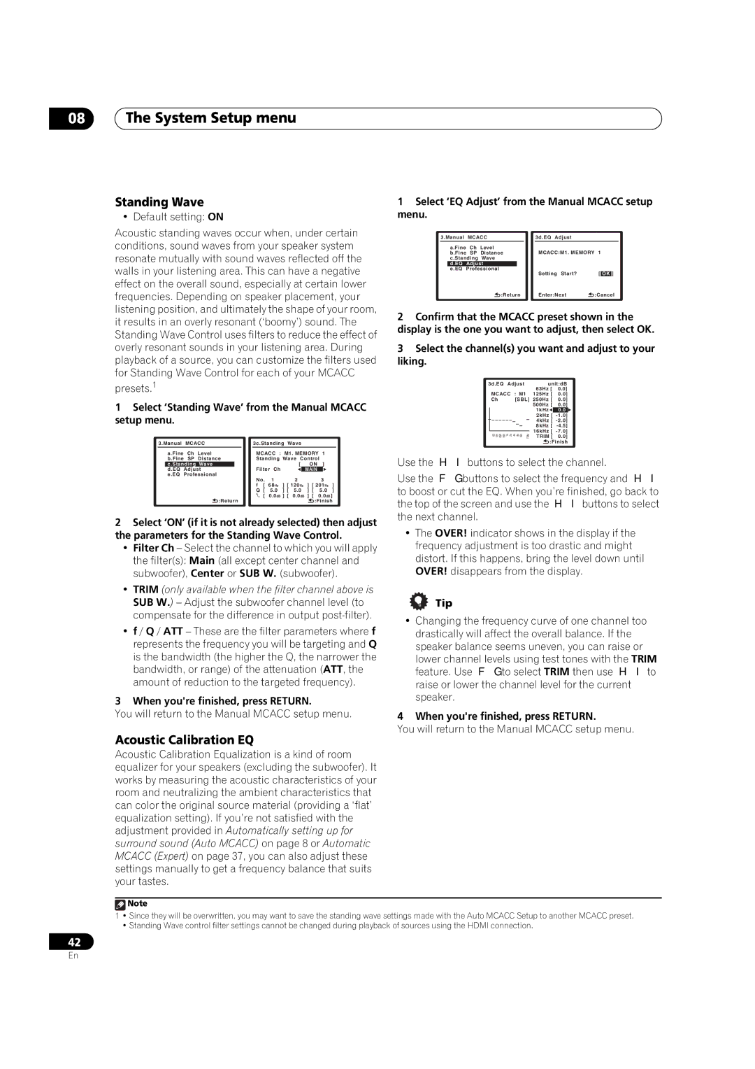 Pioneer VSX-LX50 manual Acoustic Calibration EQ, Select ‘Standing Wave’ from the Manual Mcacc setup menu 