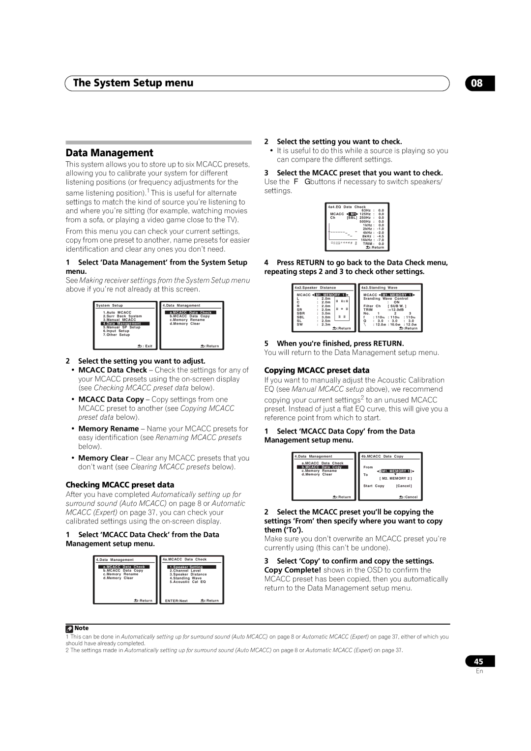 Pioneer VSX-LX50 manual System Setup menu Data Management, Copying Mcacc preset data, Checking Mcacc preset data 