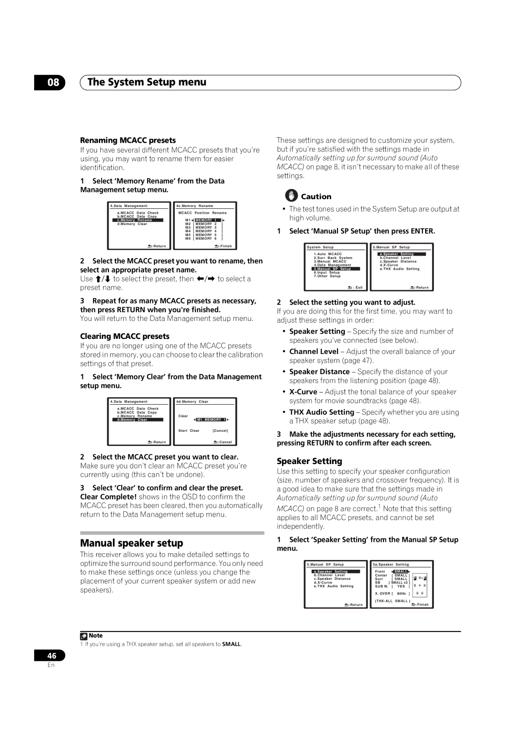 Pioneer VSX-LX50 manual Manual speaker setup, Speaker Setting, Renaming Mcacc presets, Clearing Mcacc presets 